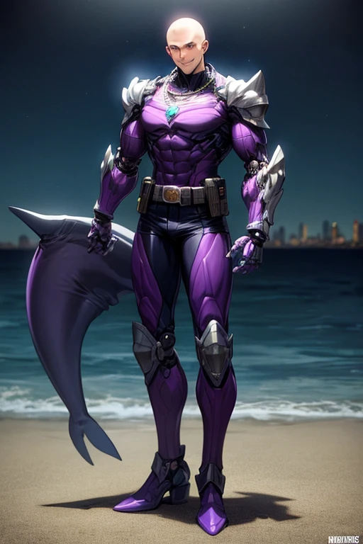 ((best quality)), ((masterpiece)), (detailed), 1 male, full body, 25 years old, masked, blue mask, smooth head, mask covering his mouth, 1 shark fin on his head, diving mask, angry expression, black collar, tall and strong, very athletic, shark fins, grey details, mechanical shark head, shark suit, purple fingerless gloves, purple wristbands, water shooters, shooting water from the wrists, blue nanotech suit resembling light armor, blue chest with an emblem, green fly emblem on his chest, green emblem, blue pants, shark tail, blue knee pads, metallic blue boots, black superhero belt, standing on a pier by the sea, night city background, anime