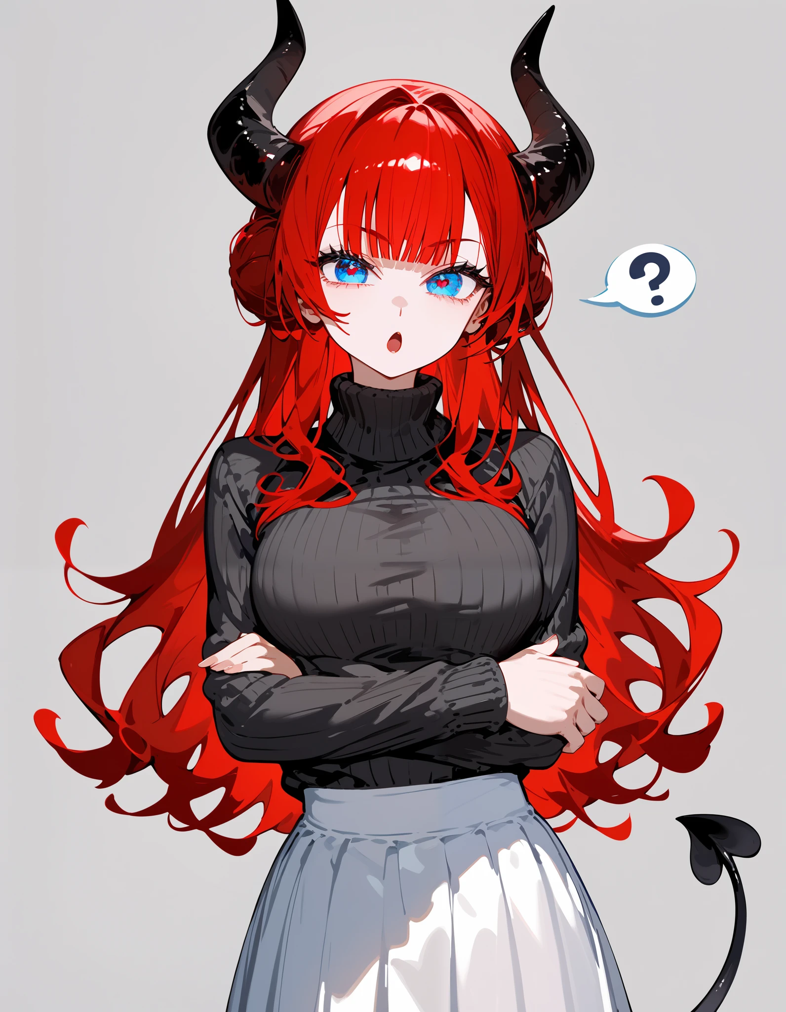 girl, red hair, long hair, in blue eyes, black-horned,, Sweater with long sleeves, white skirt , medium chest ,Pretty eye tail ,confused,Sharp face, Slim ,fit,Hair bun,Beautiful round eyes, cute,Focus on the face,Place in the room,Open your mouth, Details 4k , Pretty Blue Eyes ,Best Quality ,milf,Big black guy, Gray Background,Shirt beige colour ,Tall,dark,The devil, he's cool,Fierce face,horn grim ,Crossed hands