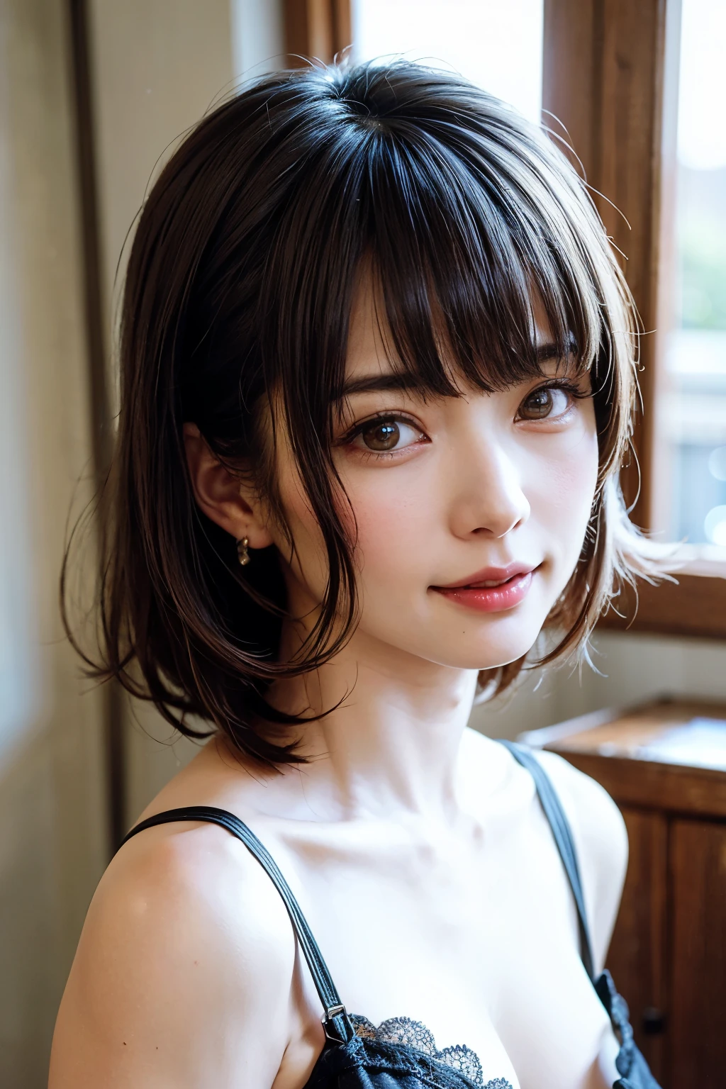 Top quality, 1 beautiful woman, super short Hair, shy Smile, From Above