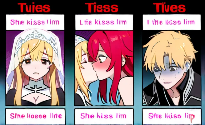 A couple lie on the floor in a church in the middle of the night, embracing each other and kissing. The woman on top has long blonde hair and wears a veil, and while feeling embarrassed, she kisses him to kill him. The man on the bottom, with short red hair, turns pale and cries, begging for his life, but dies. Kiss, cleavage