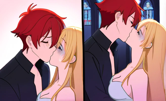 A couple lie on the floor in a church in the middle of the night, embracing each other and kissing. The woman on top has long blonde hair and wears a veil, and while feeling embarrassed, she kisses him to kill him. The man on the bottom, with short red hair, turns pale and cries, begging for his life, but dies. Kiss, cleavage