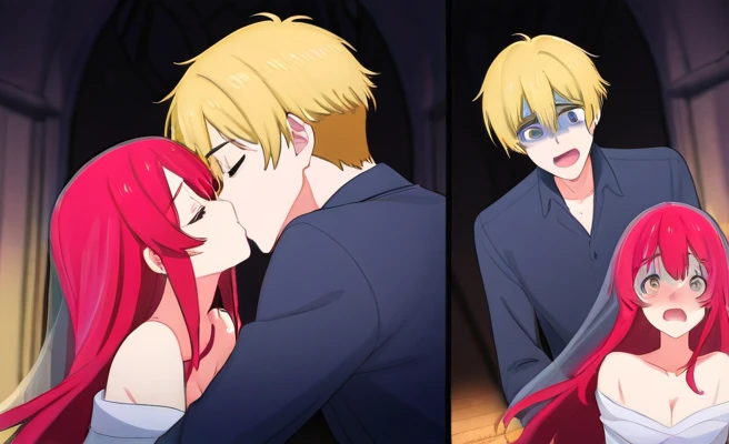 A couple lie on the floor in a church in the middle of the night, embracing each other and kissing. The woman on top has long blonde hair and wears a veil, and while feeling embarrassed, she kisses him to kill him. The man on the bottom, with short red hair, turns pale and cries, begging for his life, but dies. Kiss, cleavage