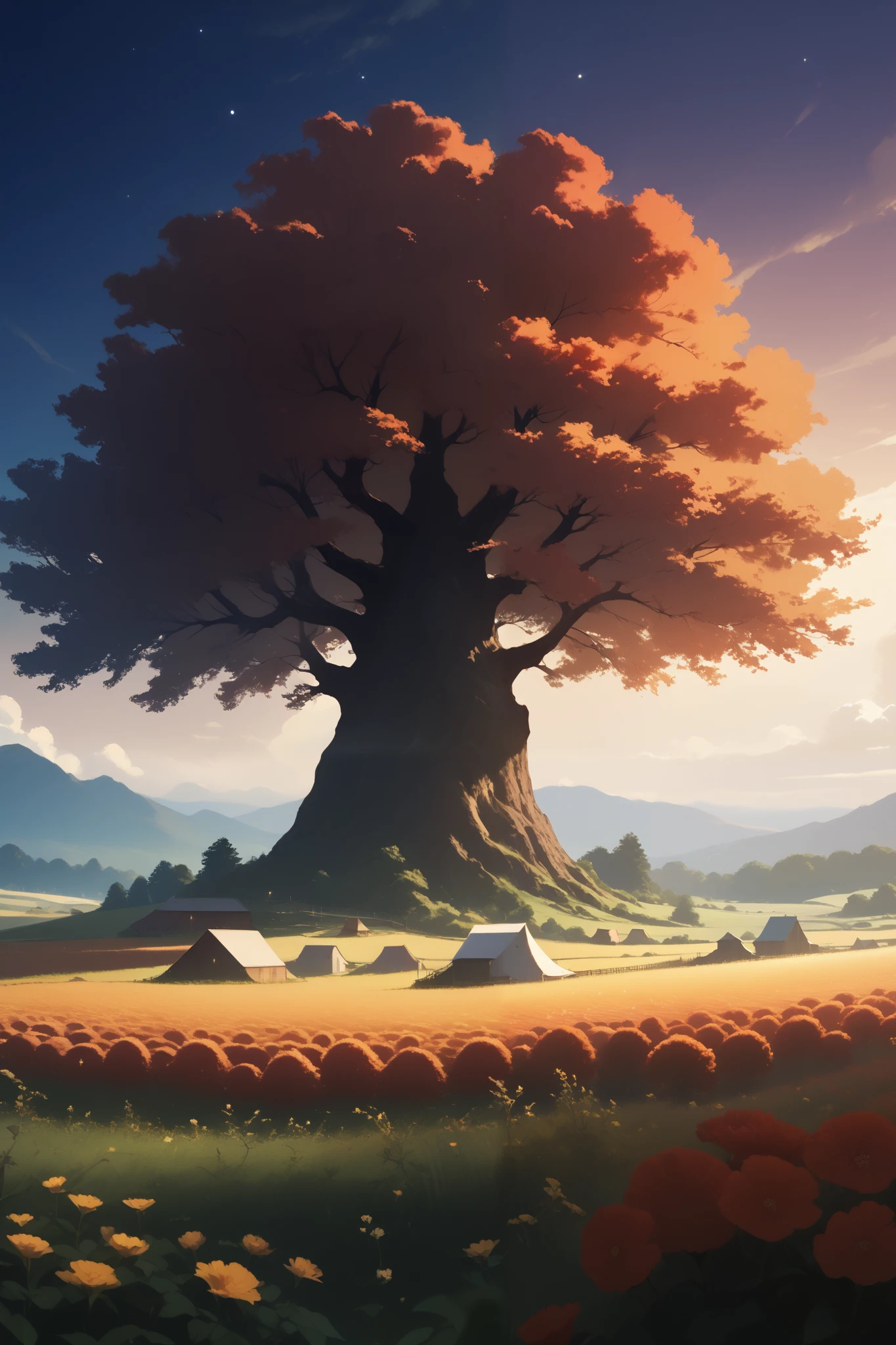 gigantic tree, mystical, Open field, ao longe.