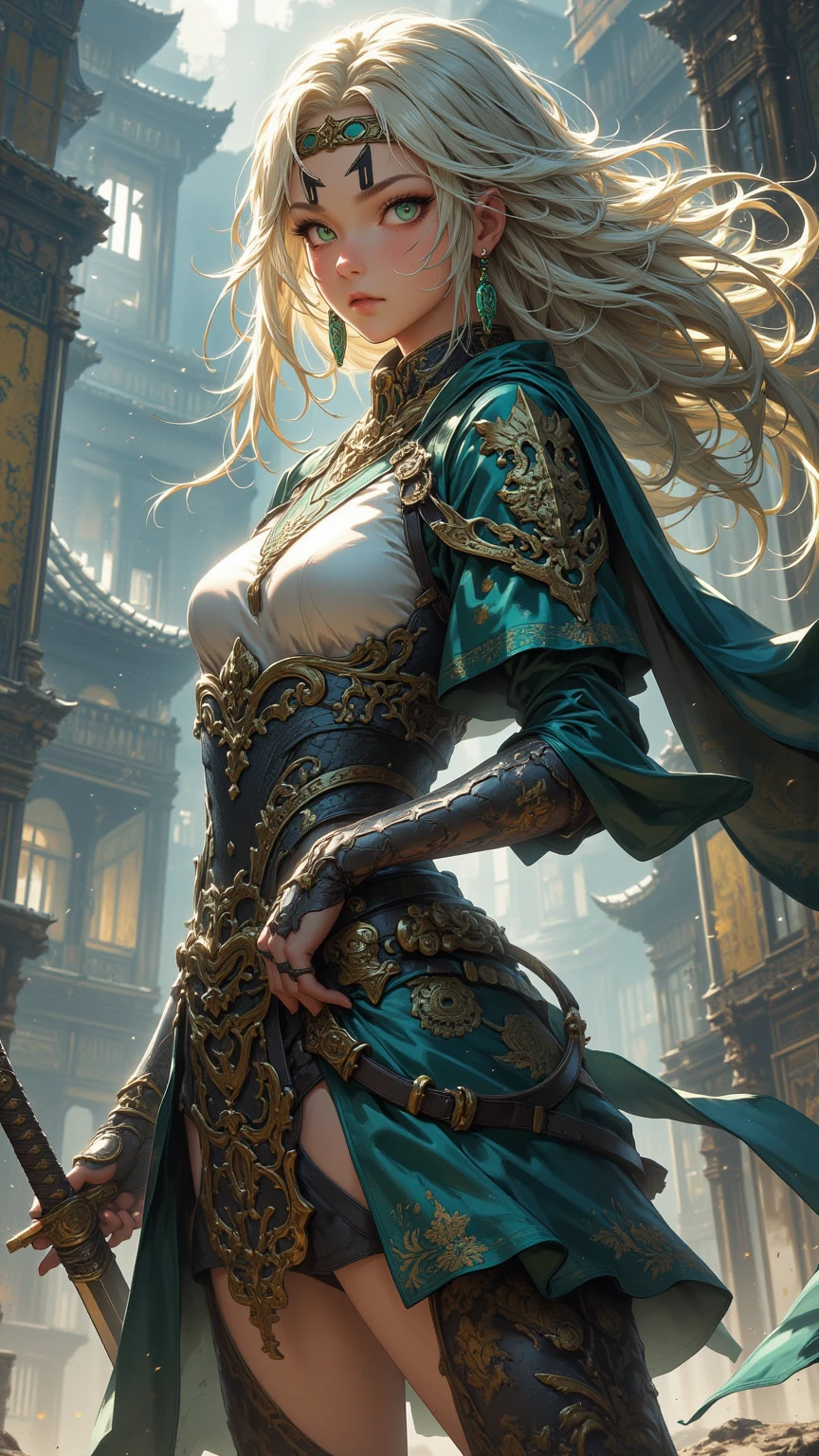 (((mulher))), (((melhor qualidade))), (((obra prima))), (((adulto))), ((( cabelos brancos curtos ))), Uma guerreira mulher de 35 anos com corpo perfeito, Gladiadores do Brooklyn, (( sob os peitos )), quase nua no estilo selvagem urbano de Simon Bisley para a capa da revista Heavy Metal, cabelo loiro, Minimum clothing, Dark blue with lightning gold and red and gold pattern, armadura, cheio de pontas e rebites, tatuagem tribal, (((do joelho pra cima))), (((cabelo branco)))