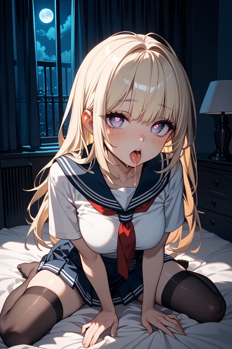 1 woman, (solo:1.9),  masterpiece, Best Quality, High quality, High Definition, Finely detailed, Detailed texture, realistic representation of face, (vulgarity:1.5), (ahegao:1.6), (orgasm:1.5), (drooling:1.3), (crying:1.5), (clenched teeth1.5), (steam:1.3), (sheer white long thigh-high socks:1.5), (sheer white satin long gloves:1.3), (glowing eyes), (Detailed beautiful delicate face, Detailed beautiful eyes, A perfectly proportioned face, High detailed skin, best ratio four finger and one thumb, (((Glowing white shiny skin))), (Open legs:1.5), (Large breasts:1.4), (sitting on a bed with one knee up:1.5), ((Smooth texture, Realistic texture)), (Green eyes:1.3), (Crop Top white shirt:2.0), (Micro thong:1.2), (under boob:1.7),  (Sailor style school uniform only for the upper body:1.5), (white short shirt), (Navel), (Beautiful face, Cute face, Detailed face), (high-heeled shoes:1.5), (red ribbon tie:1.1), blonde hair