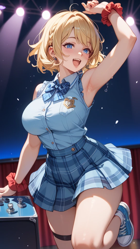 Erotic Anime Illustration、High resolution、A voluptuous high school girl idol seduces on stage、Naked exposure shooting、Kagamine rin、ecstatic expression、sparkling eyes、Overwhelming huge breasts that go beyond common sense、Expose large nipples、sailor suit、expose the vagina、very thick legs、perfect proportions、damp with sweat