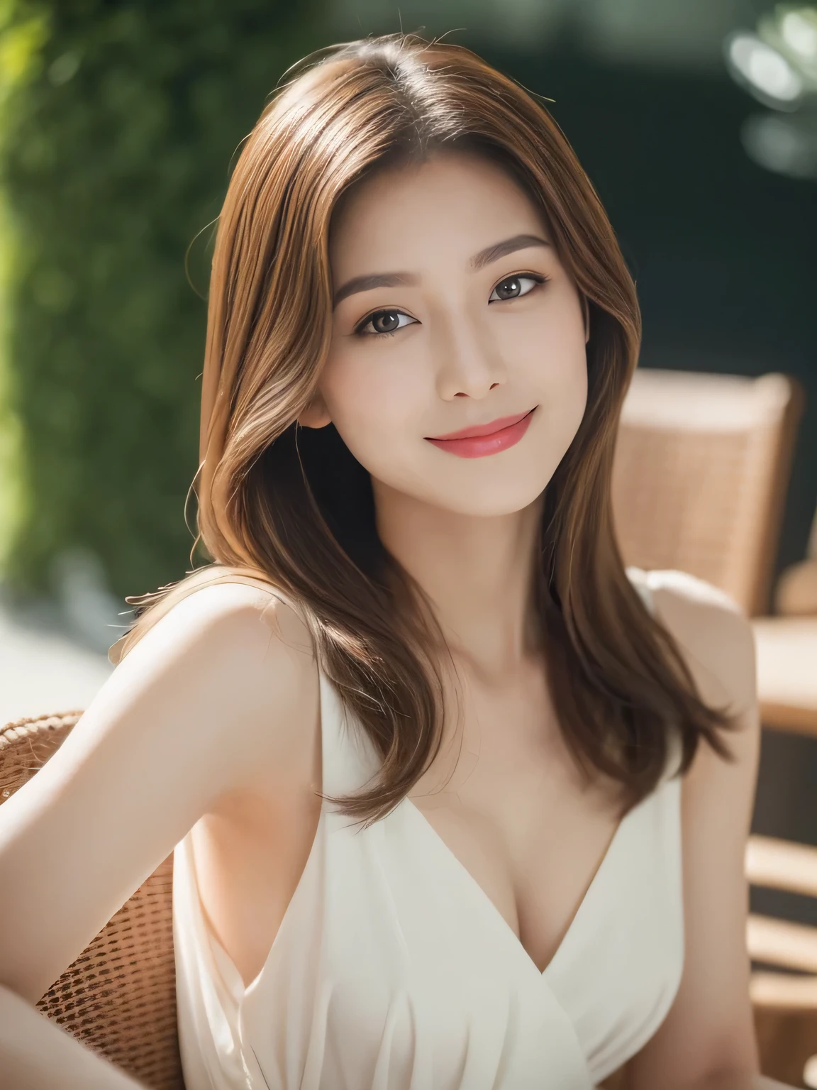 ((Top quality, 8K, masterpiece: 1.3)), Beautiful girl, pure, melon face, gentle and cute, sweet kissing gesture, sweet smile, pure desire, slender body, (front), (tilted head), ((Looking at the camera))), wearing a colorful sexy thin dress, medium hair, normal chest, long flowing shoulders, big round black eyes, big clear eyes, moist red. Lips, sweet, sitting on a chair, evening cafe terrace background, (((shot from the waist up))),