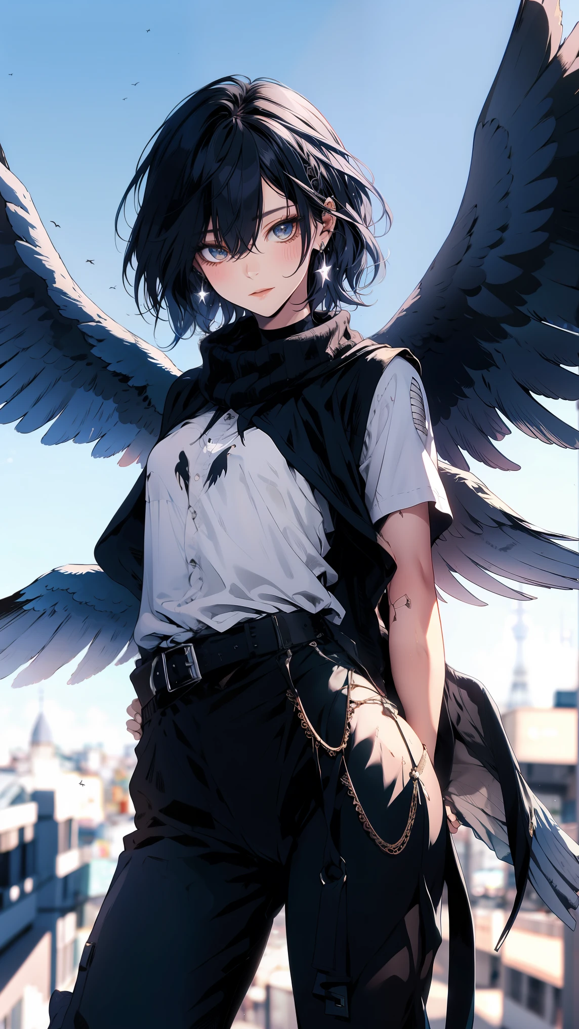((top-quality)), ((masterpiece)), ((ultra-detailliert)), (extremely delicate and beautiful), harpy boy, bandages on feet, mischievous smile, dark purple hair, golden eyes, constricted pupils, dark purple wings, well fitted black tank top, dark black shorts, stormy sky background
