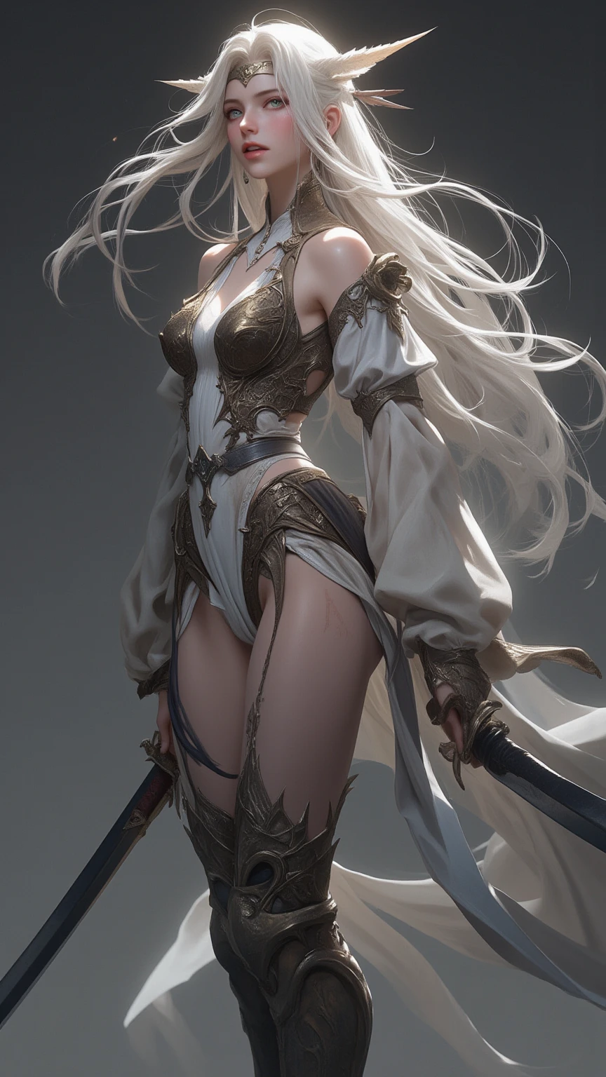 Master of animation, A perfect masterpiece, On a pure white background、Dressed in cool, sexy and modern clothes、Sexy mature modern woman standing, Flowing silver hair, Full Body Stand Posture, Thin legs, Straight chest, Detailed facial details, Natural and beautiful standing posture, Crisp and realistic body detail