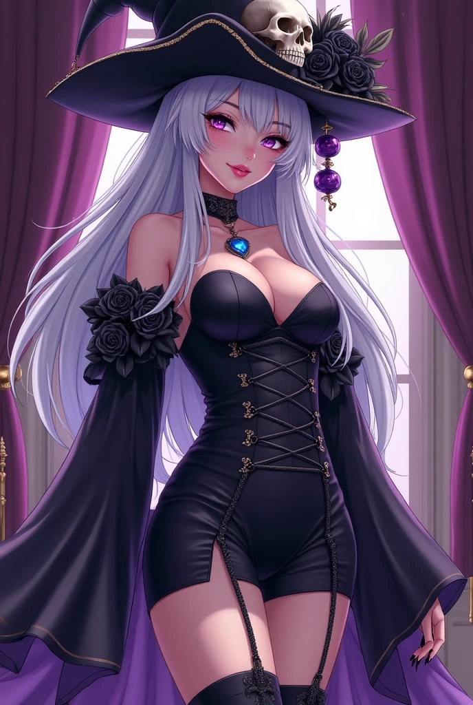 beautiful and seductive one girl being flirty and wearing witch clothes but the clothes is very revealing and seductive and the art style is anime but not too revealing while the expression is a bit lustful and bored making an seductful glance or pose