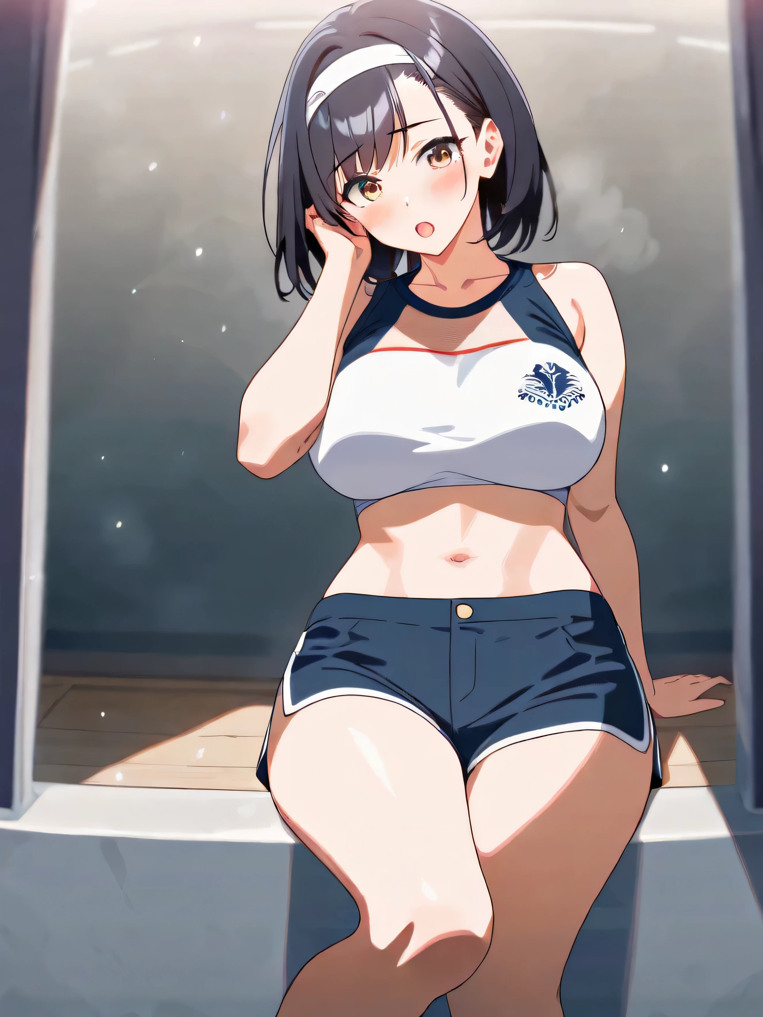  a girl,  looking at the spectator, blush,  open mouth,  Hair band ,  short hair,  Simple background ,  big breasts,  High resolution,  from above,  animated, black hair, 