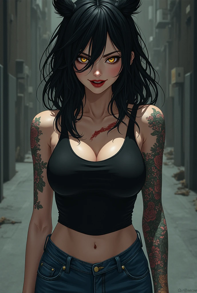 1 girl, (dark skin:1.2), shy, cute, cold expression, (8k, RAW photo, best quality, masterpiece:1.2), (realistic, photorealistic:1.2) (ultra-detailed, Super detailed:1.2), vivid colors, studio lighting, portrait, Yellow coloured eyes, blank eyes, Night clouds background, Aesthetic, romantic, Luna, Vampire, wearing goth collar, black hair, unbuttoned white shirt revealing her chest, smirking revealing her tiny sharp fangs, (small chest:1.1), (scars on chest, cuts in shirt, messy hair, blood on scars, blood stains on shirt, tired, Covered eye with an eye patch:1.1)