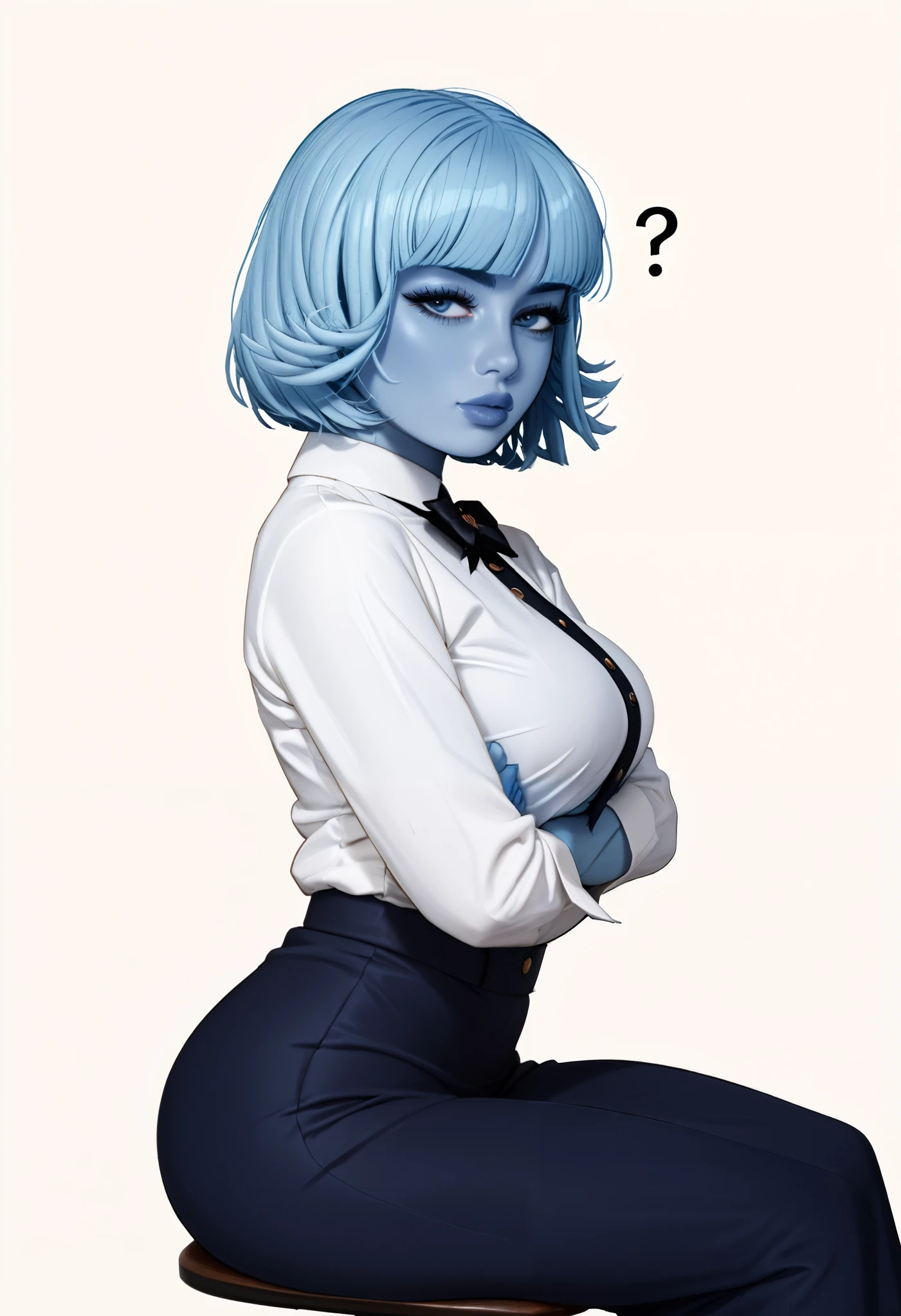 score_9, score_8_up, score_7_up, score_6_up, score_5_up, score_4_up, BREAK 1girl, light blue tentacle hair, long bob cut hair, blue skin, no irises, thick lips, long eyelashes, confused expression, sitting in a chair, blunt bangs, adult, BREAK solo, large breasts, adult, skinny, arched back, thigh gap, wearing office outfit, BREAK (office background:1.2), simple background, innocent, lovely, adorable, dynamic pose