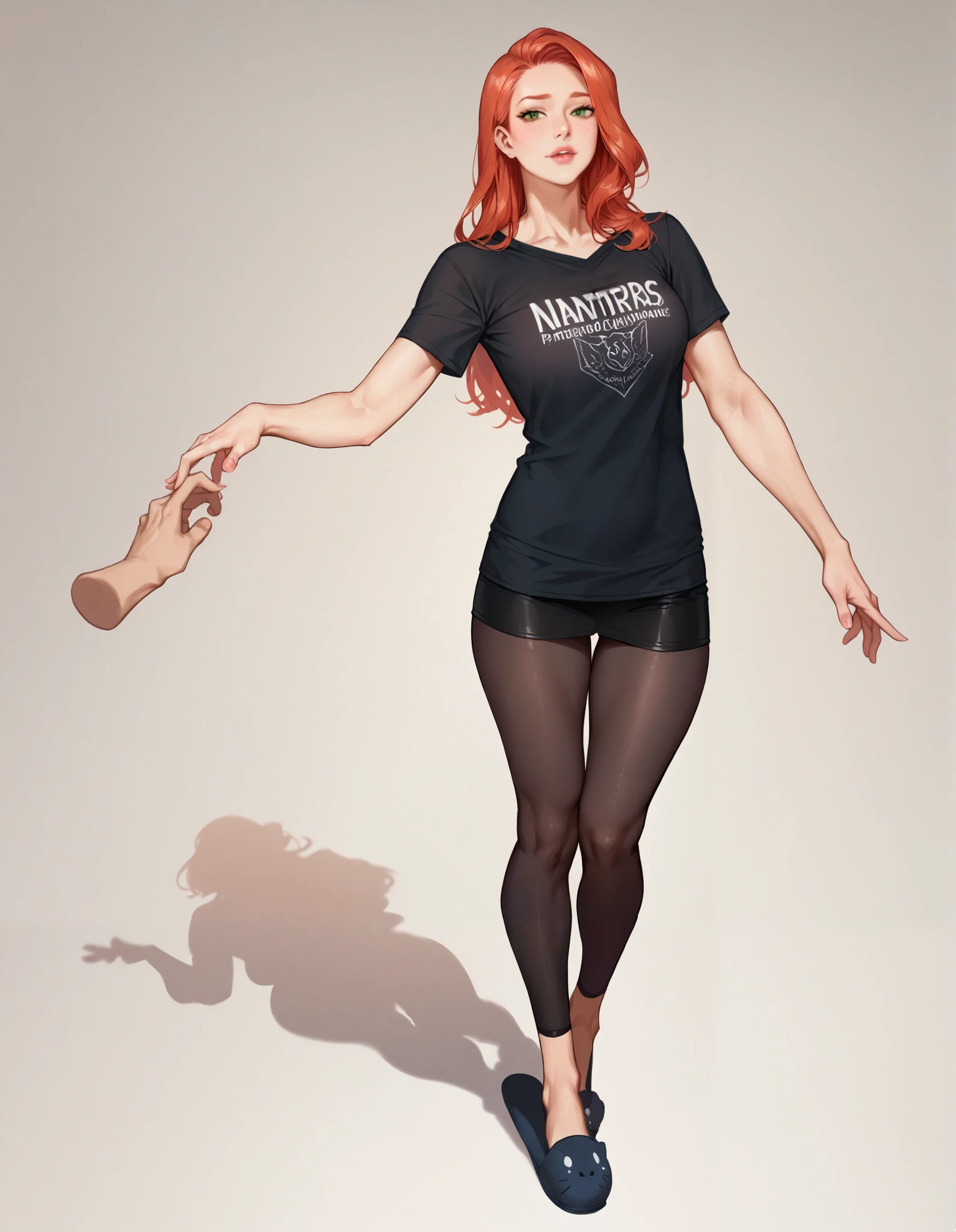 Score_9, score_8_up, score_7_up, Full body of 1girl , wearing black t-shirt, black leggings, black slippers, hyper dynamic scene, detailed face, perfect detailed hands, Masterpiece, High Resolution, Accurate, Anatomically Correct, Best Quality, Award Winning,