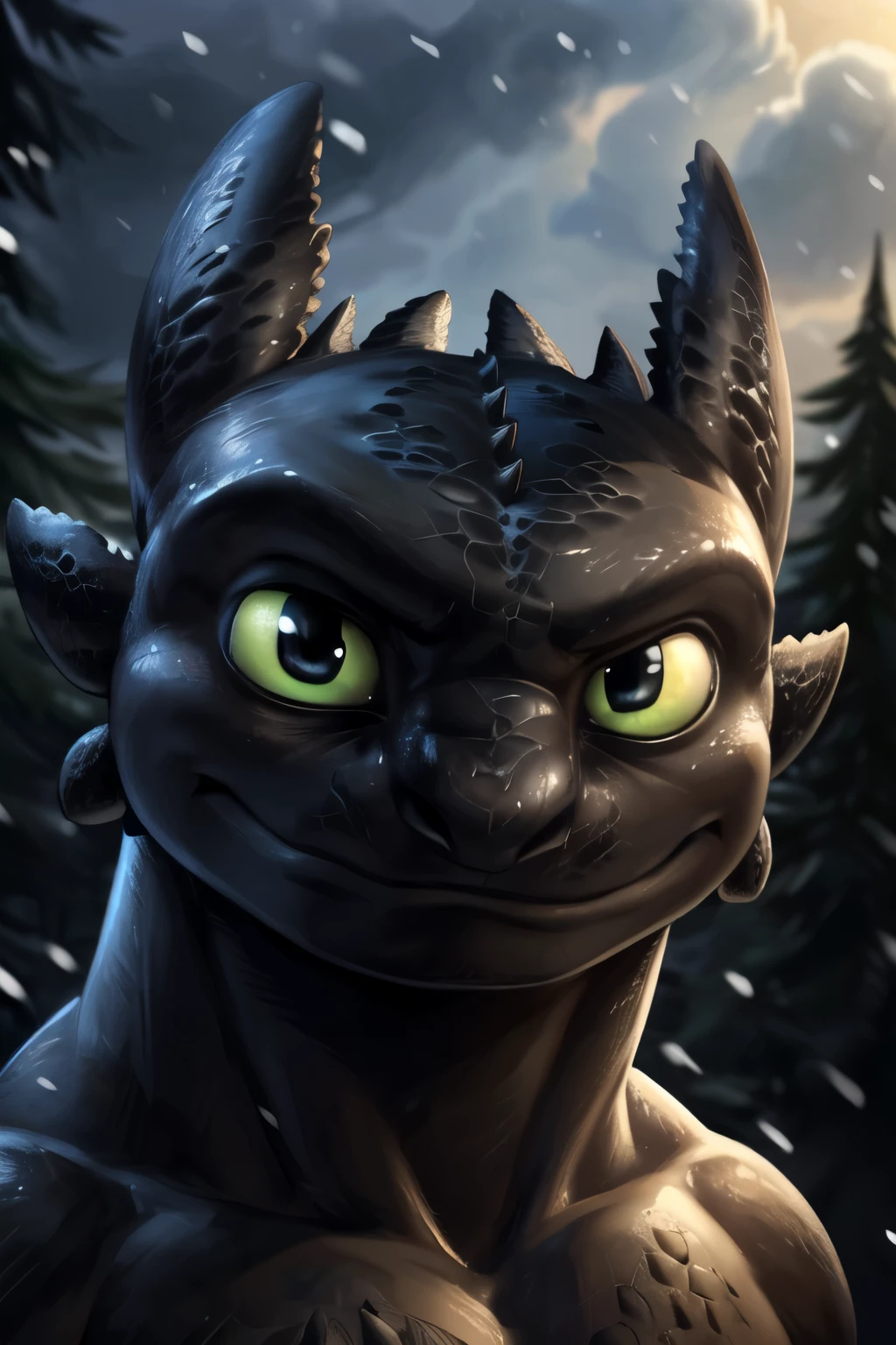 Uploaded on E621, ultra-high detailed, absurd res, RAW photo, (by null-ghost),(by zixiong:1.1),(by takemoto arashi), (by lindong:1.3), (by haps), by jerseydevil, (detailed eyes), detailed irises, (cute), cute, (toothless:1.3), toothless, (black body), black scales, (green eyes), green eyes, (frowning:1.4), frowning, (upset), upset, (half lidded eyes), half lidded eyes, (shirtless:1.3), shirtless, (fat), ((obese)), (chubby face:1.3), chubby cheeks, (chubby neck), fat neck, (detailed irises), detailed eyes, (view to viewer), (looking at viewer), three quarter view, ((three quarter view close up portrait shot:1.6)), (view to viewer), (standing at a dark icy snowy forest:1.3), (tall trees), (dark clouds), dark clouds, (snow), snowflakes, (snowflakes), ((dark:1.5)), dark, (low lighting), (sharp focus:1), ((cel shading)), detailed environment, ((digital media), (masterpiece), (8k), detailed background, cinematic, male focus, (male focus), (solo:1.2), ((perfect anatomy)), best quality, good quality, fat, obese, sagging, moobs, toothless