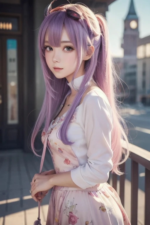 masterpiece,best quality,1girl,solo,<lora:unicorn_loha_test>,unicorn,(light purple hair),low twintails,light purple hair,standing,white cardigan,white pantyhose,hair ornament,black scrunchie,pleated skirt,pink neckerchief,street,city,from_below,