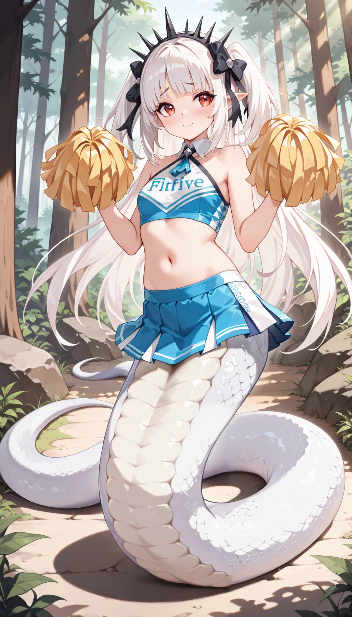 ( masterpiece), ( best quality),( full five fingers), A-bao a qun - Shadows without light, double ponytail,1 Girl, is unique, long white hair,headdress, very beautiful,absurdres, latest, lamia,Snake Woman,white snake tail,Cheerleading uniforms,(forest),Full body picture,Smile,shy