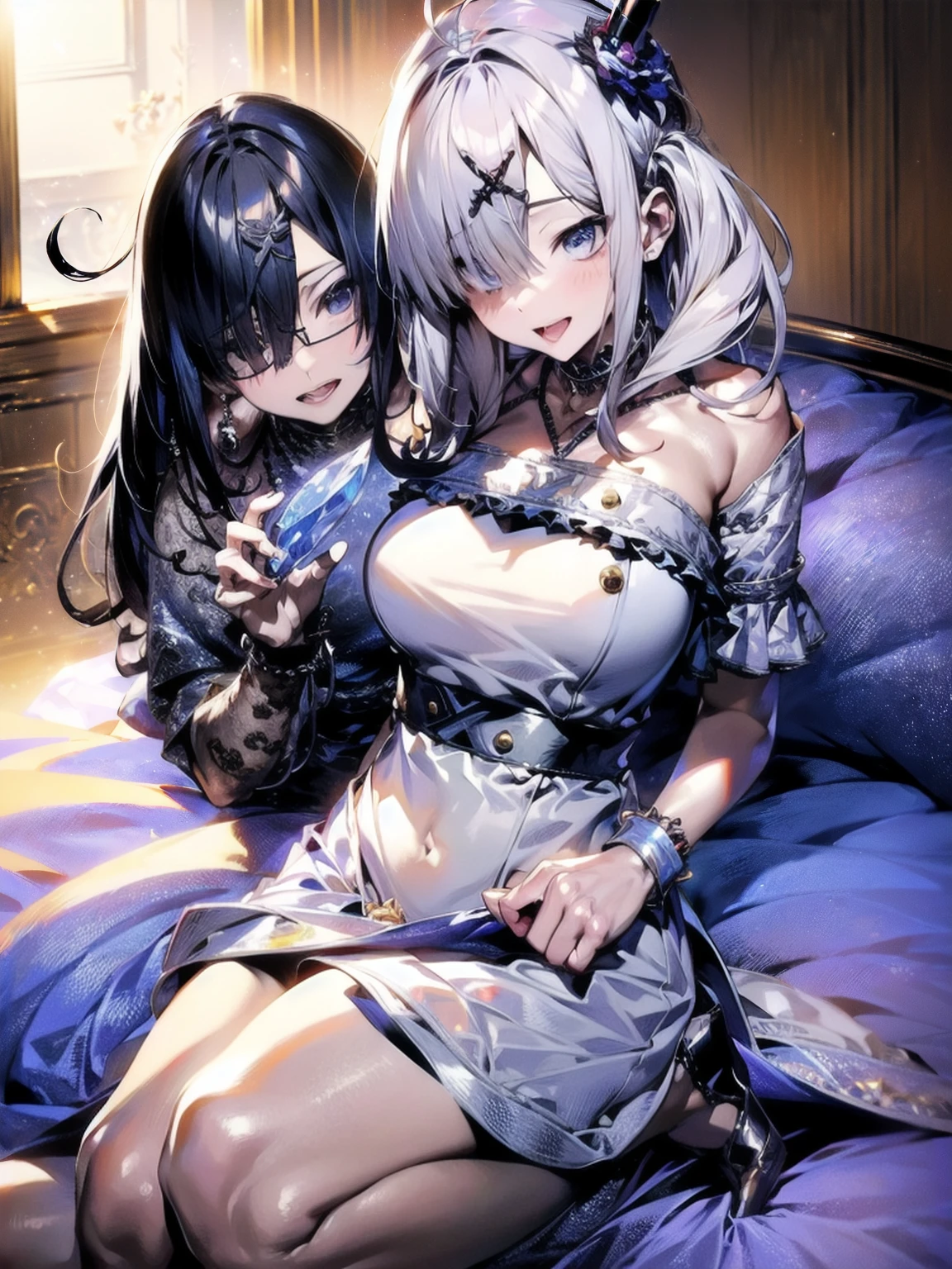 Anime image of two girls lying in bed with a window in the background, Anime drawing by Kamaguruka, Pixiv, Gothic art, Two beautiful anime girls, everyone, from Girls' Frontline, trending on artstation Pixiv, Fine details. Girls' Frontline, guweiz on Pixiv artstation, guweiz on artstation Pixiv、((different colored dresses、(High heels)))、(smile)、(Close-up photo of the upper body)、High angle、Look Up、Photo with white border、lie down、looking at the camera、((Biologically correct limb count))、((whole body including face))、4K、Masterpiece、((Focus on the face))、((Symmetrical, well-proportioned facial features))、Eyes with delicate depictions