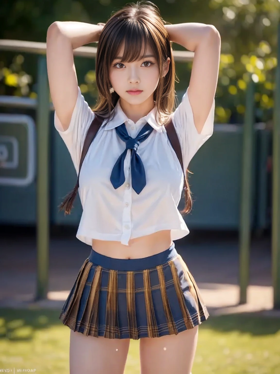 masterpiece,Highest quality,1 girl,Cowboy Shot,Front view,Young and cute Japanese,A small smile,Daytime,((Schoolyard:1.5)),Schoolgirl uniform,Summer clothes,wear,wear a super super short blue plaid pleated micro mini skirt,No underwear,Very cute face,Glossy Lips,Double eyelids on both eyes,(Natural Makeup),Shiny, smooth, long light brown hair,Asymmetrical bangs,Center image,8k resolution,Attention to detail,Detailed hairstyle,Detailed face,Cinema Lighting,Octane Rendering,Ultra-realistic,Perfect limbs,Beautiful legs,Voluptuous thighs,Huge breasts,(Glowing Skin,Sweaty:1.3)Perfect Anatomy,Spread your legs,((Provocative dynamic pose:1.5)),Skirt flip