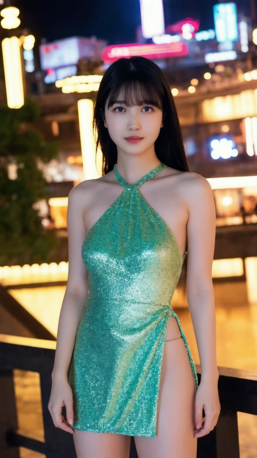 (highest quality,masterpiece:1.3,ultra high resolution),(Super detailed,caustics),(realistic:1.4,RAW shooting),(Vibrant color saturation),1 girl,20-year-old,flat bangs、smiling、Blurred background,emerald lace dress、night view、light up、Asian princess-like、