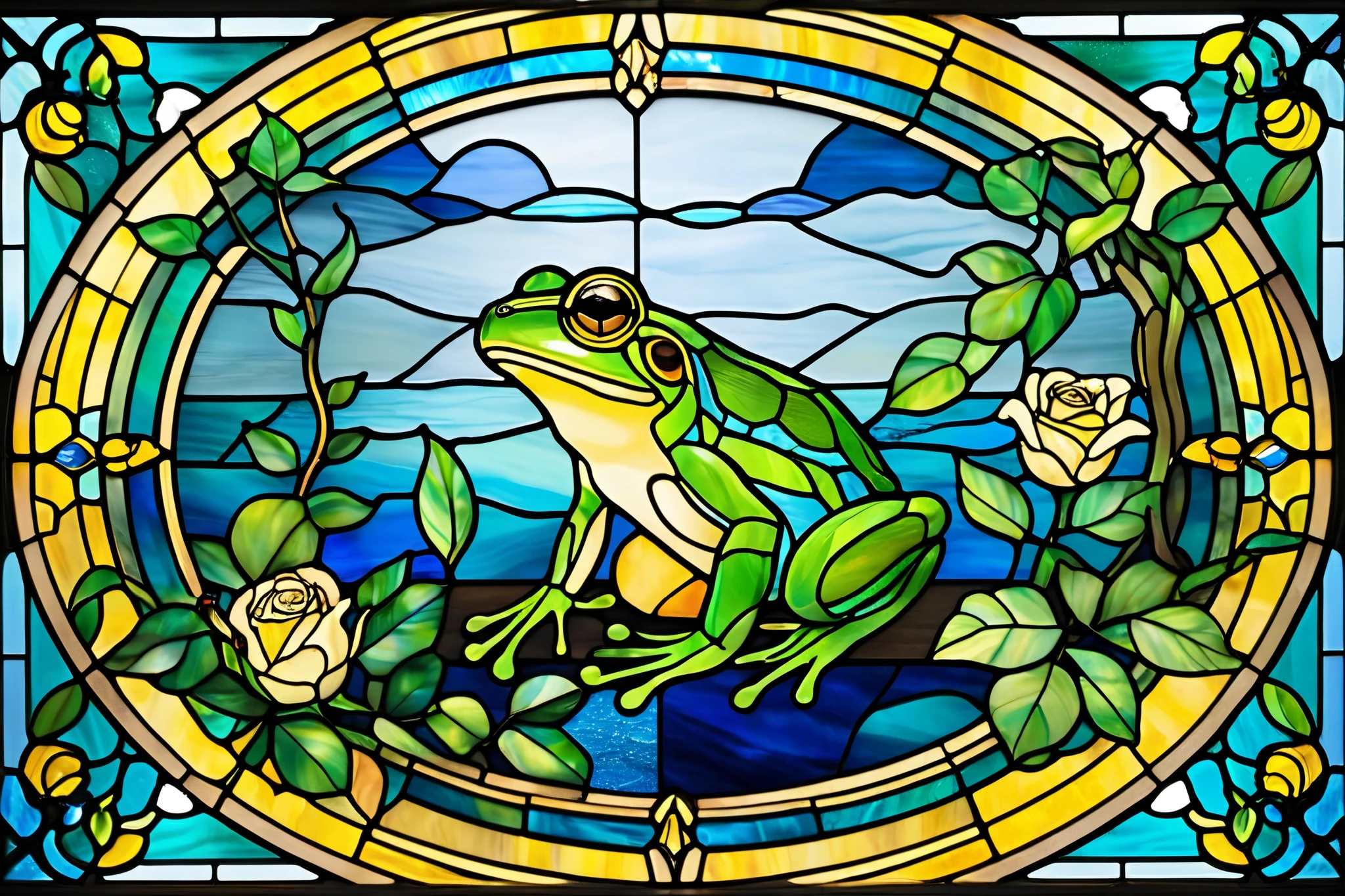 This stained glass features a bright green frog in the center surrounded by blue and turquoise glass patterns. Lush green leaves and yellow roses frame the scene, while black lead lines enhance the stained glass effect. Place the frog in the center as the main character. Light hits the stained glass. The frog is sitting sideways on a leaf