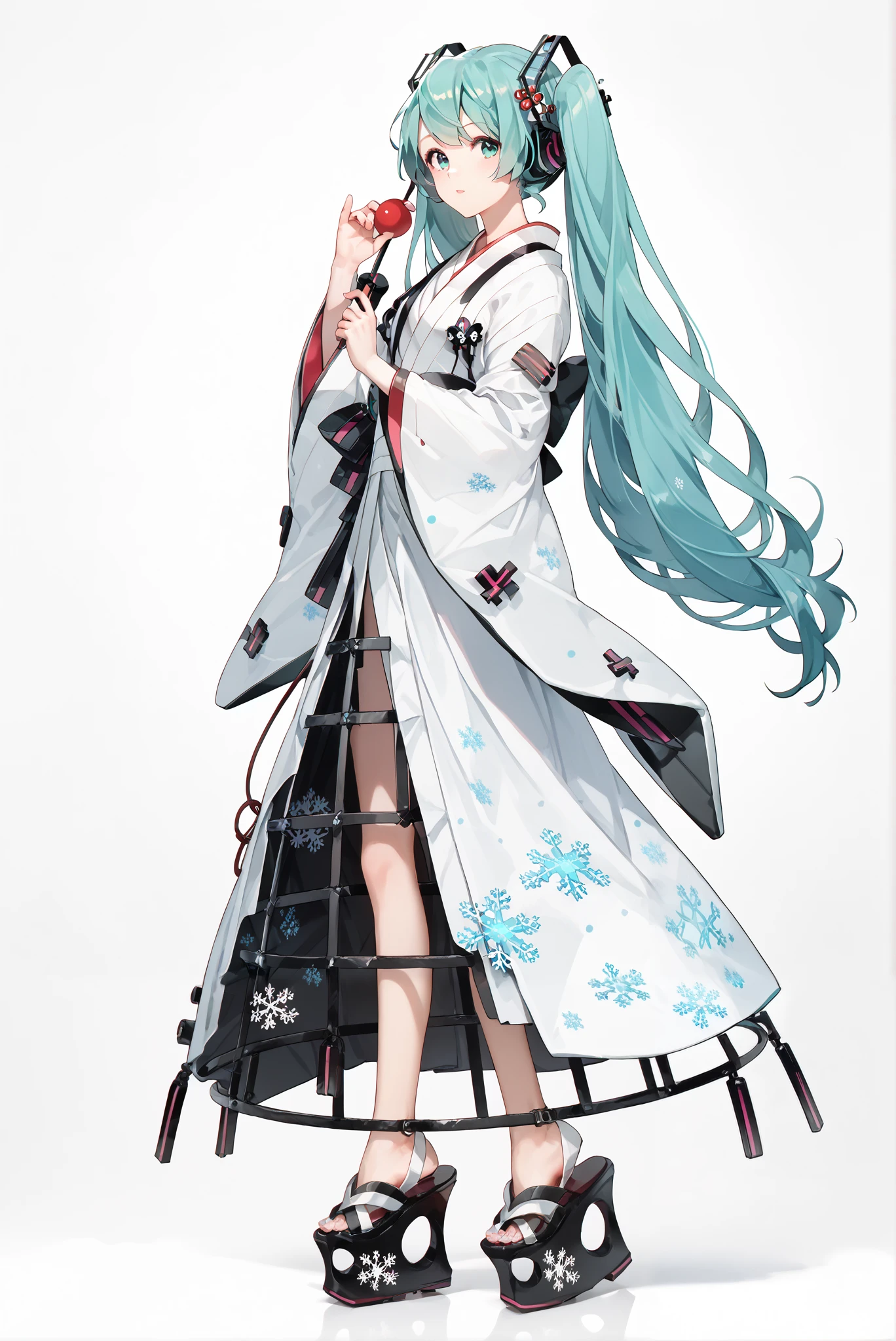 ( stands,whole body:1.7),Crinoline skirt, HoleHeels,Hole platform/ oval/ Circle Heels,Heels ,SHM13, Hatsune Miku, NOwataboushi, 1girl , japanese clothes, white kimono, hair ornament, aqua hair, long hair, twintails, aqua eyes, Yuki Miku, snowflake print, wide sleeves,