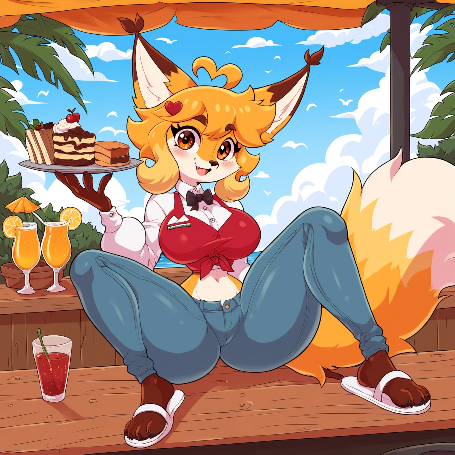 Solo, Score_9, score_8_up, score_7_up, source_cartoon, kemono style, An Anthro furry fox girl, yellow furry body, yellow fox tail , black nose, blonde hair, braided hair, wearing blue daisy dukes, a tied white shirt, visible thong, sunglasses, sunglasses covering eyes, smirking, outdoors, sunny day, looking away, majestic, at the beach, sitting on a chair under an umbrella, in front of a food stand, legs crossed, barefoot, toe ring, 4 toes, holding a cup of boba tea, drinking boba through a straw