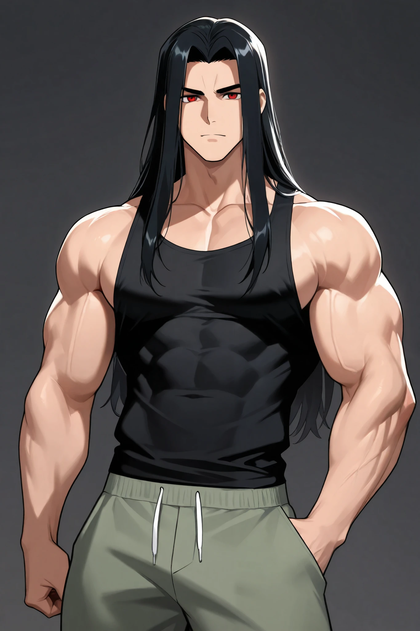 Long-haired man , black hair, defined face , red eyes, thesis Clara,black tank top, medium muscles , Handsome Guy, pose sexy