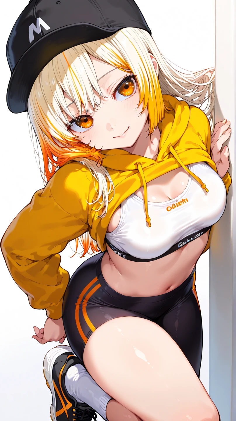 Character: Naruto Uzumaki, female Naruto Uzumaki, Naruto as a girl, genderswapped Naruto Uzumaki, female version of Naruto Uzumaki, Naruto Uzumaki genderbend, Naruto Uzumaki girl, girl Naruto, Uzumaki Naruto, Uzumaki Naruto female Appearance: beautiful blond hair, flowing blond hair, shiny blond hair, long blond hair, golden blond hair, silky blond hair, detailed blond hair, radiant blond hair, vibrant blond hair Eyes: beautiful detailed eyes, sparkling blue eyes, bright blue eyes, vivid blue eyes, expressive blue eyes, captivating blue eyes, mesmerizing blue eyes, stunning blue eyes, detailed blue eyes, deep blue eyes Figure: great female figure, athletic female figure, toned female figure, strong female figure, fit female figure, graceful female figure, elegant female figure, well-defined female figure, proportionate female figure, sculpted female figure Outfit: top: form-fitting sports bra, form-fitting tank top, snug sports bra, snug tank top, fitted sports bra, fitted tank top, tight sports bra, tight tank top, close-fitting sports bra, close-fitting tank top, sports bra in Naruto's signature orange, tank top in Naruto's signature orange, orange sports bra, orange tank top, sports bra with Naruto's orange, tank top with Naruto's orange hoodie: lightweight open-front hoodie, open-front hoodie, breezy open-front hoodie, comfortable open-front hoodie, relaxed open-front hoodie, casual open-front hoodie, easy-to-wear open-front hoodie, Naruto's orange hoodie, signature orange hoodie bottoms: black leggings, black capris, black leggings with orange accents, black capris with orange accents, flexible black leggings, flexible black capris, black leggings designed for movement, black capris designed for movement, black leggings for flexibility, black capris for flexibility High quality, 8k, perfect image, best image, highly detailed, detailed, beautiful, stunning, lifelike, sharp, ultra-realistic, crisp, immaculate