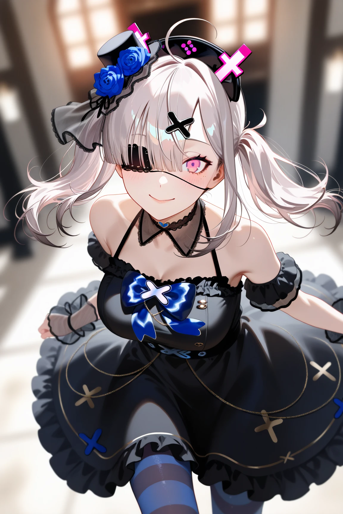 (masterpiece, best quality:1.5), (ultra detailed, high resolution, 8k, beautiful detailed, UHD, best anatomy), white bob cut hair, medium breasts, 1 cute small girl, thin Gothic Lolita, from above, upturned eyes, One eye color is different from the other