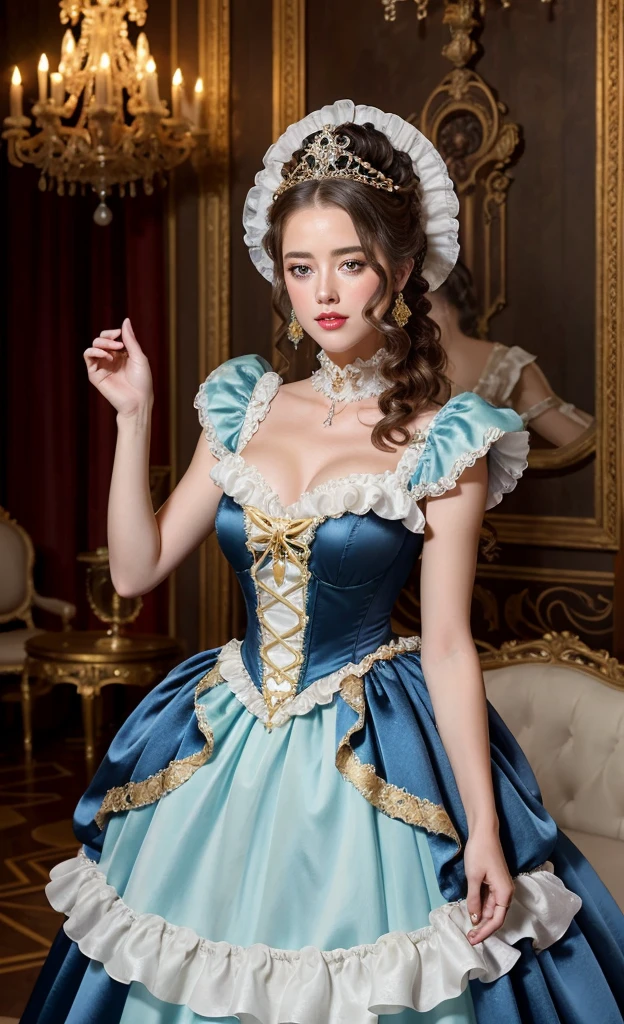 A stunningly beautiful blonde blue eyed well-dressed Princess with elaborately curled and styled hair shining with Royal Pomp and Regal Splendor, wearing a Stately and (((Elaborate))) Royal Cinderella Ballgown with decoratedwith crystals rhinestones and gems(((enormous puffed sleeves))) a stiffly boned, padded and corseted bodice, an hourglass waist, a (((huge crinoline hoopskirt))) and (((bustle))), adorned with ribbons, bows, roses, lace, ruffles, frills, embroidery, and jewels, long white gloves, pearl necklace and earrings, big breasts 