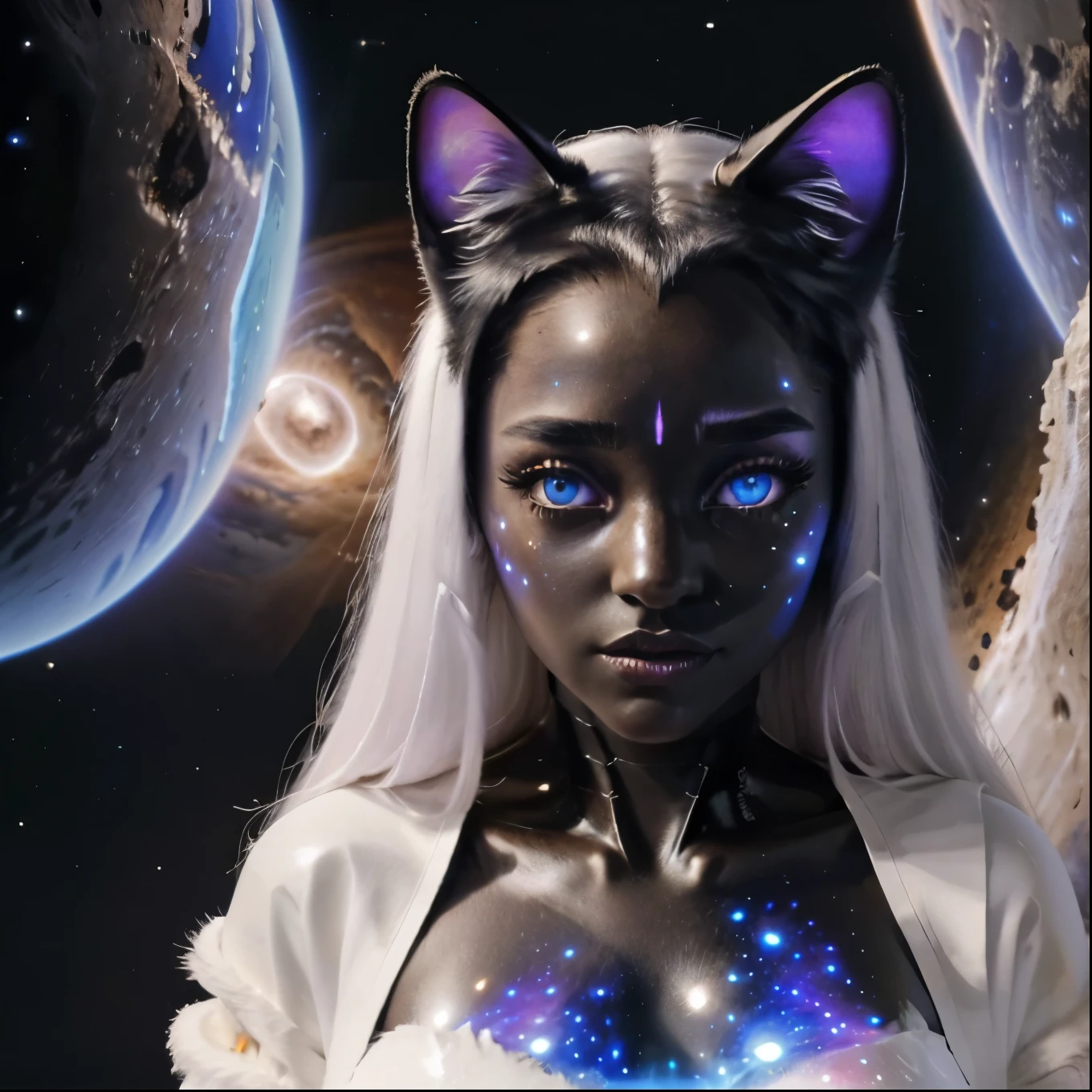 best quality, highest quality, masterpiece, high resolution, clean picture, smooth picture, high details, symmetrical,
view from above, from above,
transparent skin, cosmic skin, star skin, glowing skin, glowing eyes,
1girl, cat girl, cat ears,anthro, furry, bodyfur, robe,
big breasts, white hair,
galaxy girl,