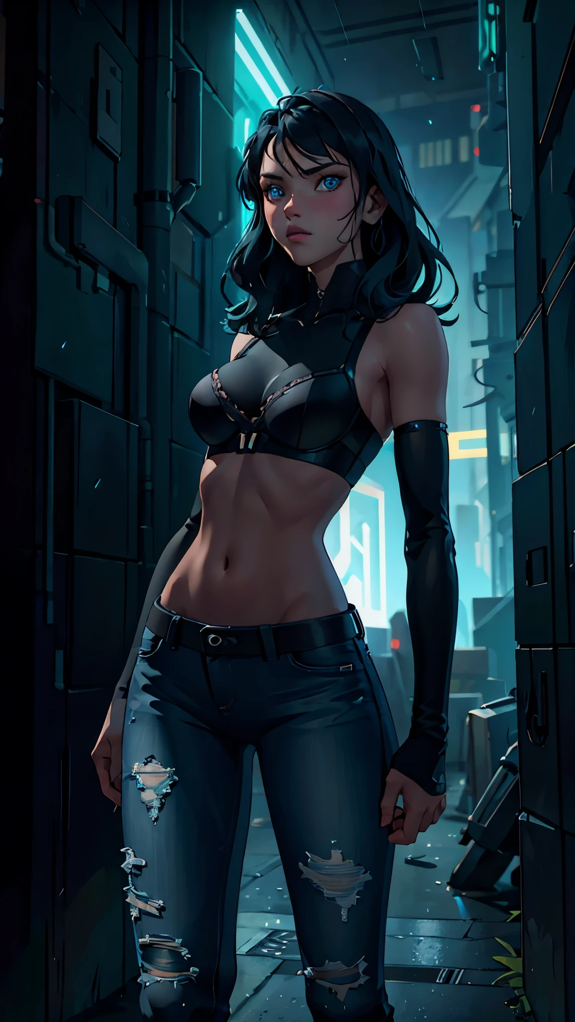((cyberpunk super skinny girl) dark alley, night, neon , watching the horizon, wearing jeans and bra, raining, night)):1.9、Perfect Ray Tracing、Highly detailed background,realistic,ultra-detailed, super detailed skin ,Light Shine,filmic grain,According to II,Lens reflection,sharpen,Cinematic shadow, panoramic image, cyberpunk skinny girl, night, neon lights