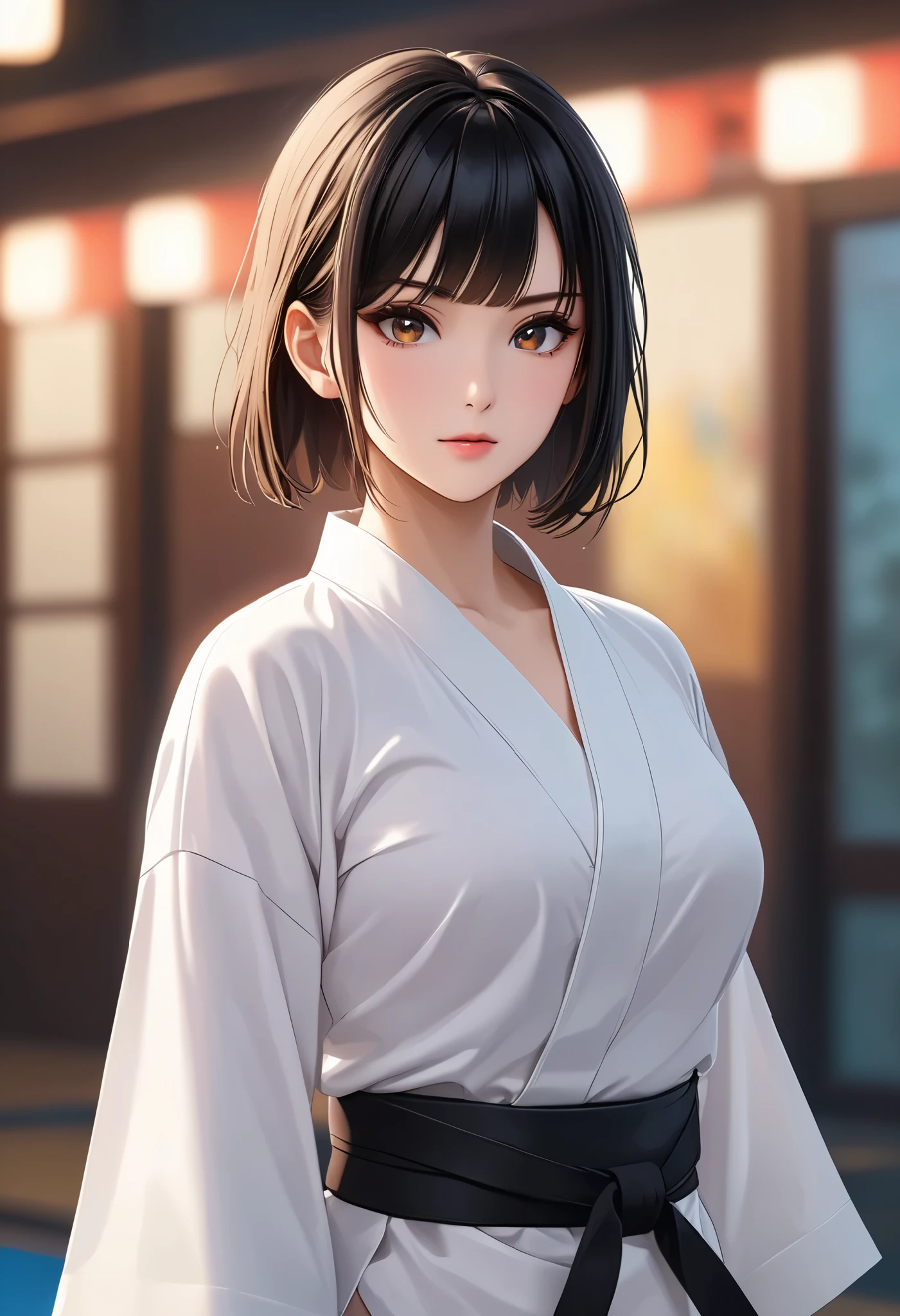 (( big breasted))、((( front open shirt))、(((Empty-handed)))、( black hair)、(blunt bangs)、( short hair)、( wet hair)、(Women's Karate)、(( sweaty))、( Glowing Skin )、((Serious))、(( blanking))、(((Karate Dojo)))、((Delicate Paintings )),( Masterpiece elaborate RAW photo :1.25), ( top quality:1.6), ( super high resolution :1.5), ( by Nomi:1.75), 8k resolution for ren, Canon EOS R5 , 50mm, Abs urd, very well detailed,Cinema Lighting、transparent nipples