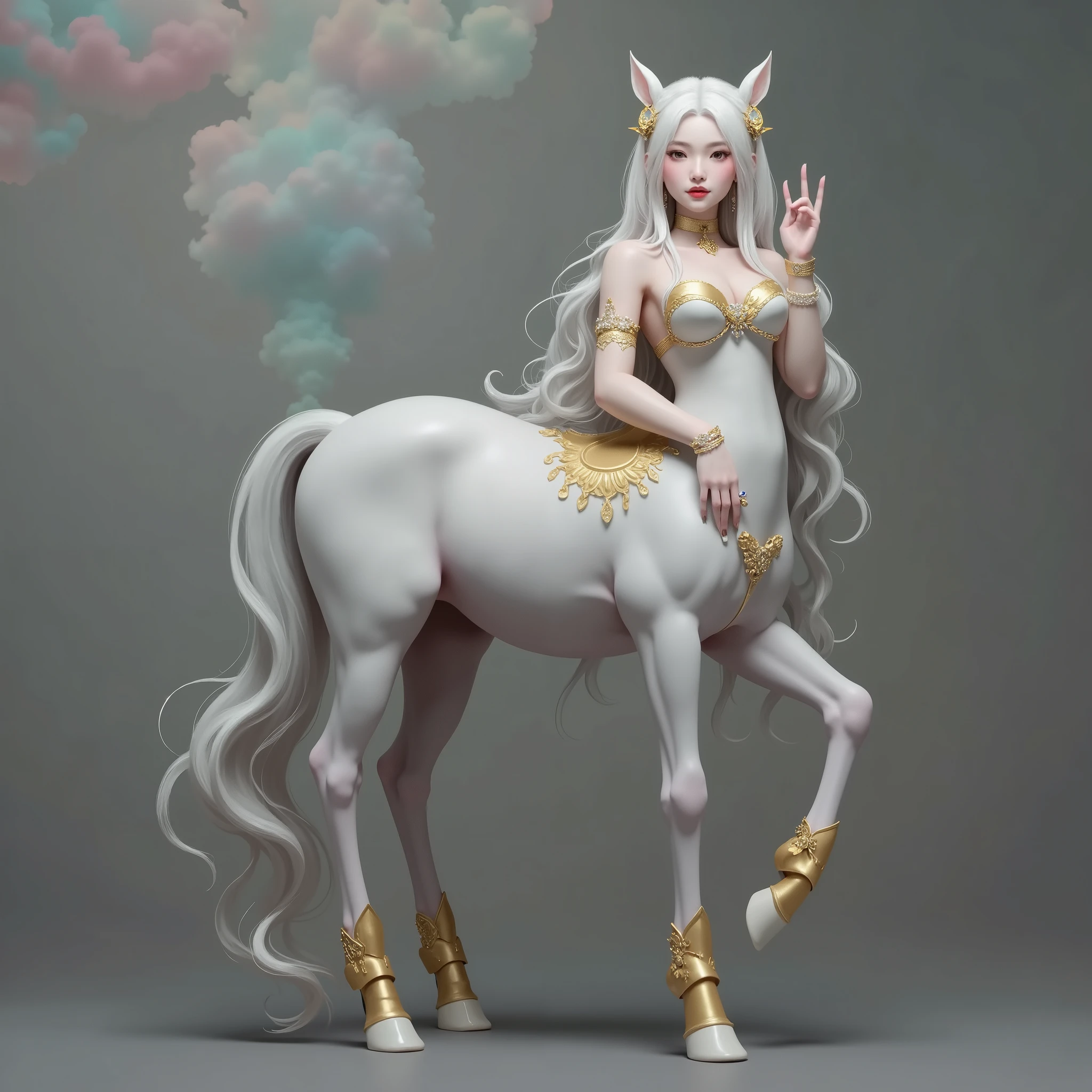 masterpiece,( best quality:1.3),半人horse女孩, Lola:半人horse女孩V1.0:0.6,(Icefield:1.3),(Head to body 1:9:1.3)Nine-head body, ancient mythical character Jiro God costume ,(cos Jiro God )(Reference Jiao Enjun ' s Erlang Shen costume )( gold-patterned knee pads ,Elbow pads,Wristband,Golden boots,)( Golden pattern saddle )horse' The body is covered with golden ancient Chinese armor, gold headdress ,Elegant, Beautiful and elegant,The four legs are the same thickness ,Ancient Chinese war armor , Mythical Figure Costume ,Picture background: Ancient Chinese Tiangong ,Mythological background, lucky to be surrounded by colored clouds , smooth skin , dark hair ,Delicate facial features, plump ,( belt bracelet neck : 1.4),( white crystal heels : 1.6), fair and translucent skin ,pale,Peach blossom skin, milky white porcelain skin of eggs