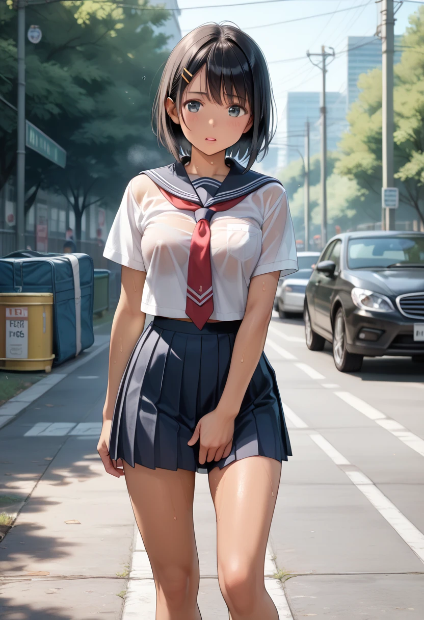 (((medium breasts))), ((best quality)), ((masterpiece)), ((detailed)), (((perfect face))), ((((slender  girl walking)))), (((((topless))))), (((dark blue pleated skirt from waist to thighs))), (((short ponytail))), (((blue eyes))), (((brown hair))), ((shy:1.3)), ((blushing:1.5)), ((skinny thighs)), ((skinny hips)), (((bare arms))), (((bare shoulders))), (((bare stomach))), ((((girl looking away)))), (((car park in background)))