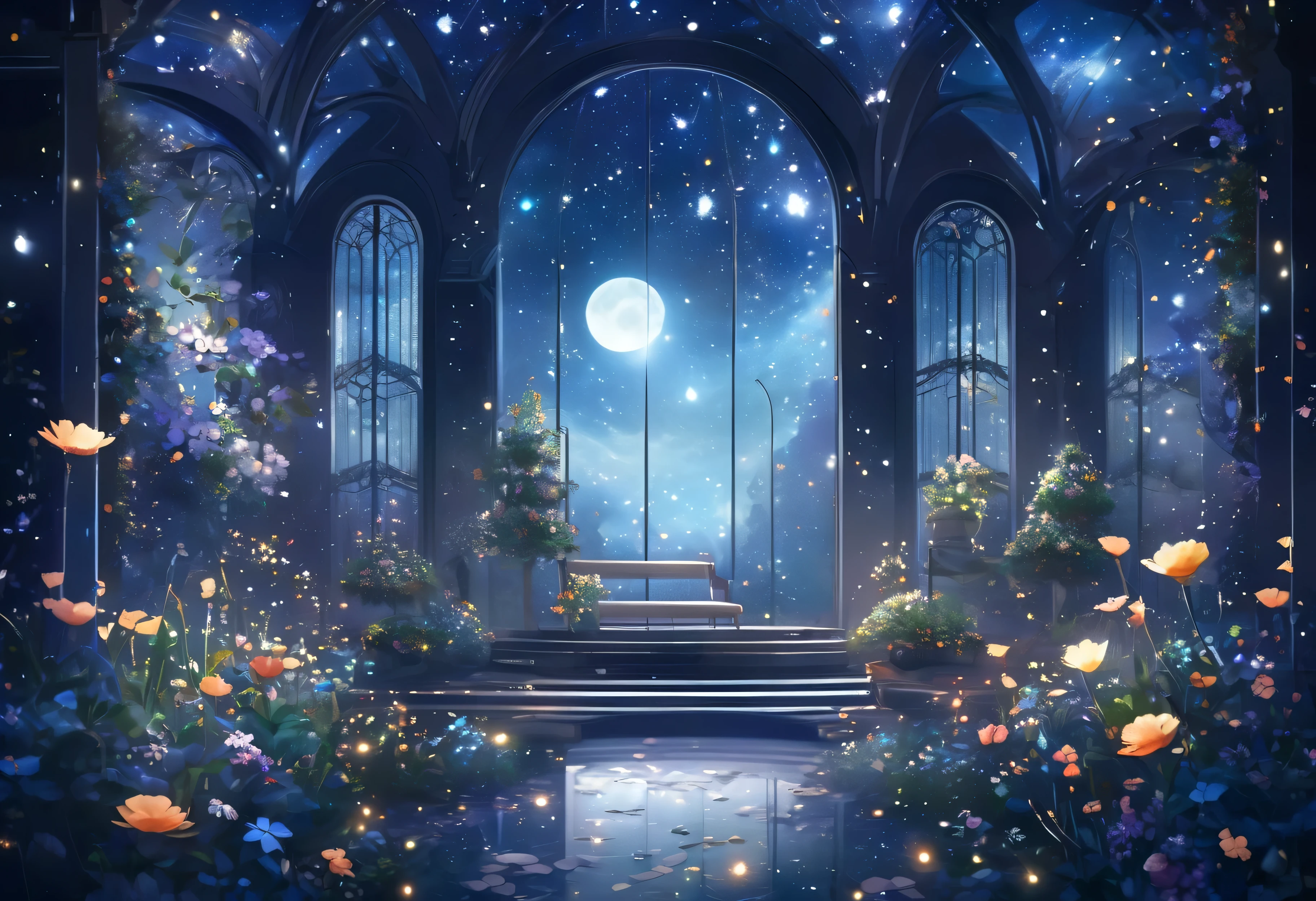 ((Highest quality)),((high-res)),night, Starry Sky, A magical indoor garden, moon, nebula,sculpture,relief,Lots of flowers, The background is a garden with petals and papas flying around