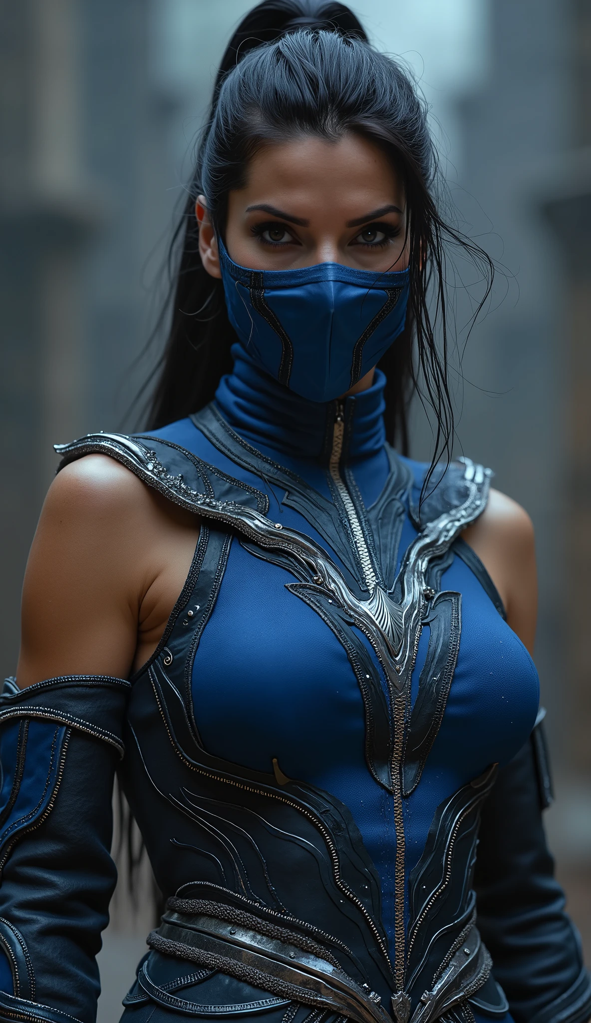 Sandra Bullock like Kitana with her blue mask would bring a fascinating combination of strength, intelligence and grace . Imagine's awe-inspiring aesthetic perfectly Sandra with her determined and reliable expression , the blue mask partially covering her face , but still revealing her eyes full of cunning . Her dark hair , elegantly fastened , matches Kitana . Her dress , a mix of sensuality and functionality , highlights her noble warrior posture , with silver and blue details , contrasting with the dark background of a battleground . The salts , precisely positioned , reveal her combat prowess , while her presence exudes confidence and wisdom .
If that image suits you , I can create a visual representation based on this idea !