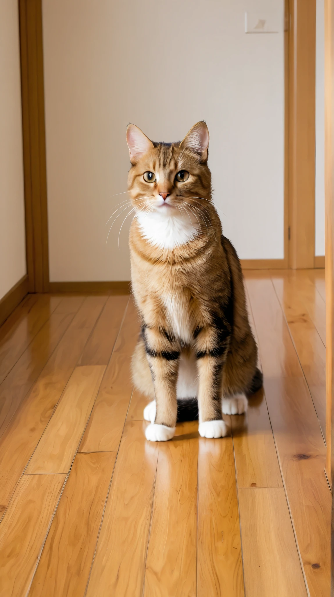 light Brown, cat , standing,  wooden floor