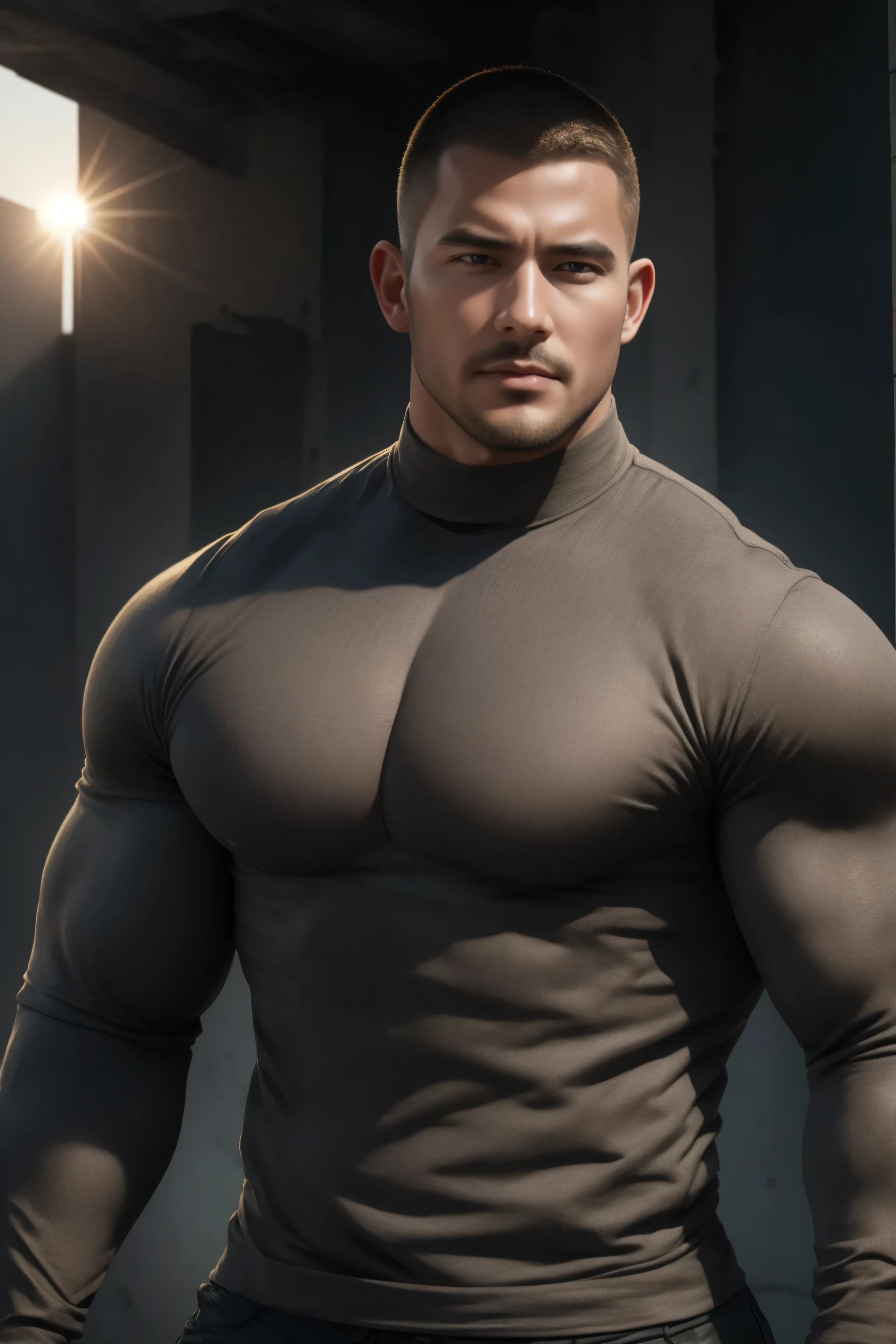 两个 Muscular男人深情拥抱着, VERY STRONG ,buzz cut,Flat head,Ruins in an abandoned city in the open air, 他背靠着脏污的墙壁,Wear a high-neck, long-sleeved, tight-fitting t-shirt in grey modal fabric, Dirty body ,He has a sad expression, Lift your chin, messy hair , thick thighs , High Aims Neck Long Sleeve Gray Brown Superhero Bodysuit, Very tight, Regular symmetrical pattern, High Aimslight muscles, 警服裤, character concept (buzz cut Chris Redfield) proud expression, Deep charming eyes, Heroic male pose, tall Burly, Muscular! Muscular thighs, Tough Guy, Perfect facial features, High Aims, Burly, Heqiang, Super exquisite and cool, High Aims Resolution Committee, Extraordinary Charm , The sun is strong, is dazzling