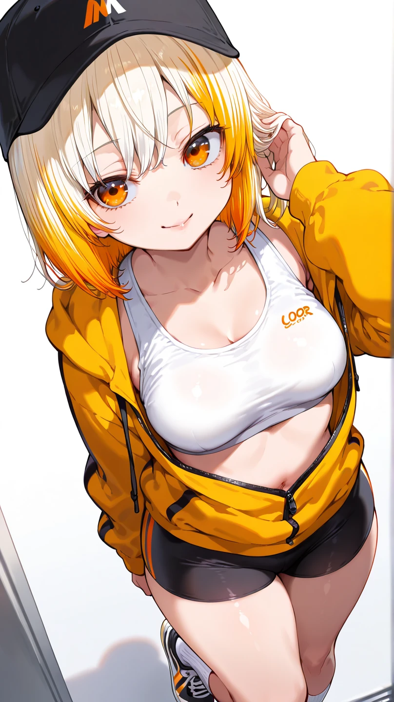 Female, brown hair, older than me, messy hair, new, blonde, Short Hair, orange hair, Lazy, t-shirt, Not wearing pants, Excited face, tired eyes, lazy girl, Sitting on the Sofa, loose hair, big boobs, anime (aegyo sal:1), looking at viewer, full body, facing front, Faceache