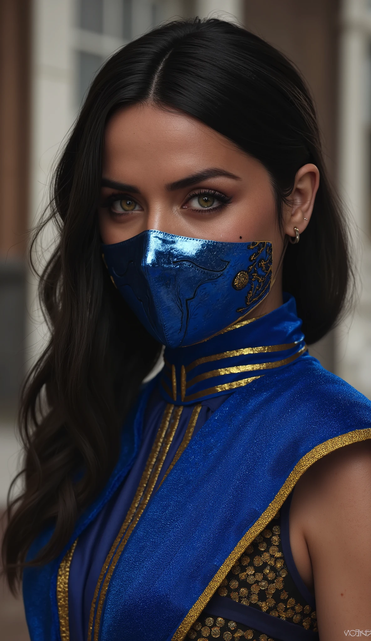 Here is the description of ** Ana de Armas as Kitana **: --- ### ** Ana de Armas as Kitana – A Princesa de Edenia** 👑⚔️💙 Das sombras do império perdido de Edenia, **Kitana appears , the immortal warrior princess **. ** Ana de Armas assumes the iconic role **, Bringing an air of **Nobility, mystery and lethality **. ** Wearing a royal blue costume adorned with golden details **, Kitana exhales ** elegance and power **. ** Your face is partially covered by a metallic blue mask **, reflecting the brightness of the moon and hiding her lethal smile . ** Her intense eyes shine with determination **, while her long dark hair flutters in the wind . ** on your hands, the iconic steel fans shine under the light , ready to tear apart any enemy that dares .** ### **A Maestria do withbate – Graça e Fúria** ** Ana de Armas as Kitana ** incorporates an agile and precise warrior , ** capable of transforming the battlefield into a deadly dance **. ** Your movements are graceful , almost mesmerizing , but each blow is devastating .** Her most lethal attacks include : - **"Steel Fan Slash"** — A quick and accurate cut with fans , tearing armor and flesh with ease . - **"Edenian Wind"** – with um giro veloz, Kitana creates a gust of biting wind , knocking down and wounding her enemies . - **"Phantom Step"** — Moving with supernatural speed , she disappears and reappears behind the opponent , performing a fatal blow . and their **Fatality** is a spectacle of precision and cruel elegance : ** Kitana launches an attack , throwing their fans directly at the opponent . The blades cross the body with deadly perfection , and before the victim can fall , she jumps into the air , ending with an accurate shot that breaks the opponent in half.** 💙 **" I am royalty ... and its destruction ."** 💙 with ** Ana de Armas in the role of Kitana **, *Mortal Kombat* Win a ** warrior that unites beauty , intelligence and lethality in a single blow .**