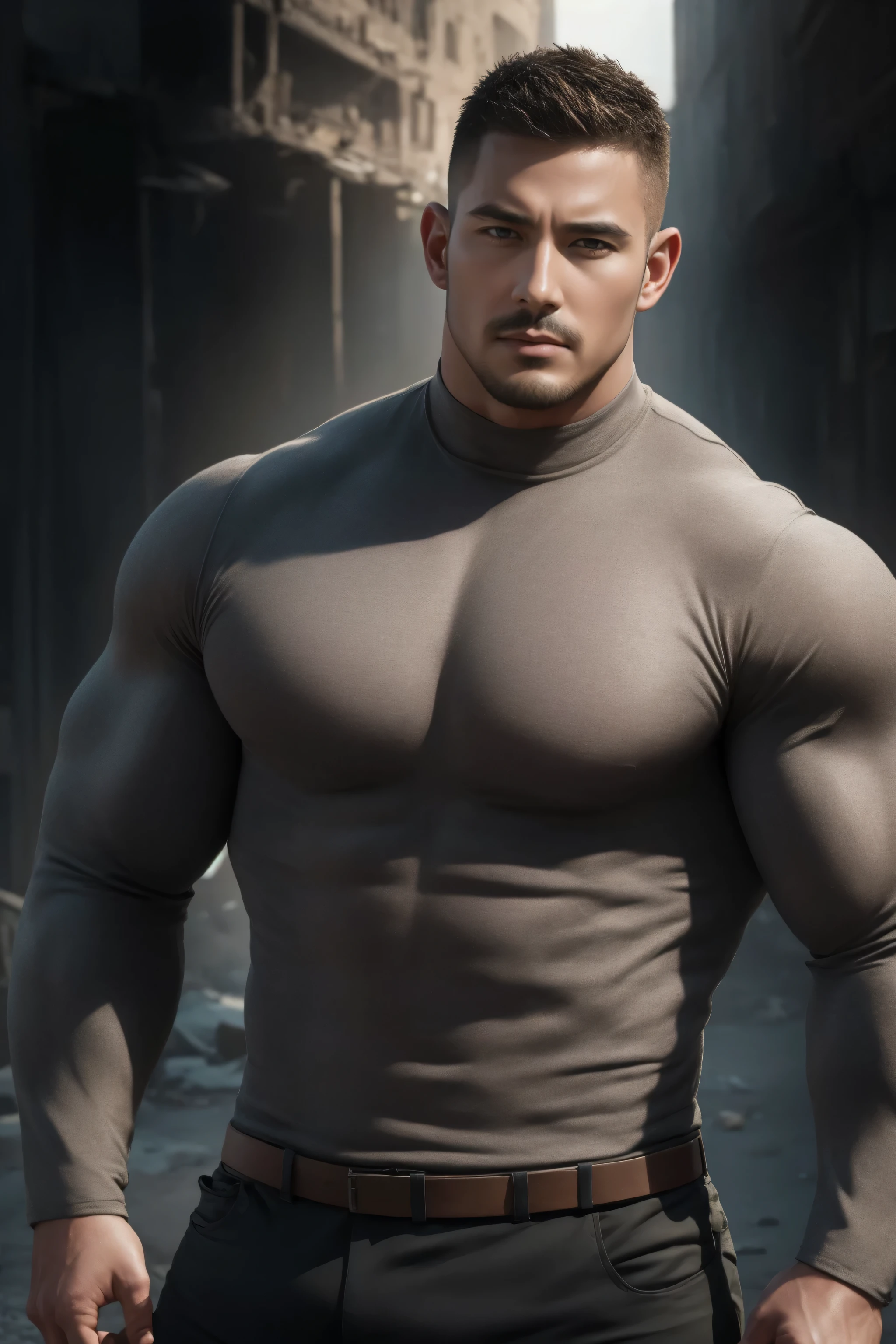 两个 Muscular男人深情拥抱着, VERY STRONG ,buzz cut,Flat head,Ruins in an abandoned city in the open air, 他背靠着脏污的墙壁,Wear a high-neck, long-sleeved, tight-fitting t-shirt in grey modal fabric, Dirty body ,He has a sad expression, Lift your chin, messy hair , thick thighs , High Aims Neck Long Sleeve Gray Brown Superhero Bodysuit, Very tight, Regular symmetrical pattern, High Aimslight muscles, 警服裤, character concept (buzz cut Chris Redfield) proud expression, Deep charming eyes, Heroic male pose, tall Burly, Muscular! Muscular thighs, Tough Guy, Perfect facial features, High Aims, Burly, Heqiang, Super exquisite and cool, High Aims Resolution Committee, Extraordinary Charm , The sun is strong, is dazzling