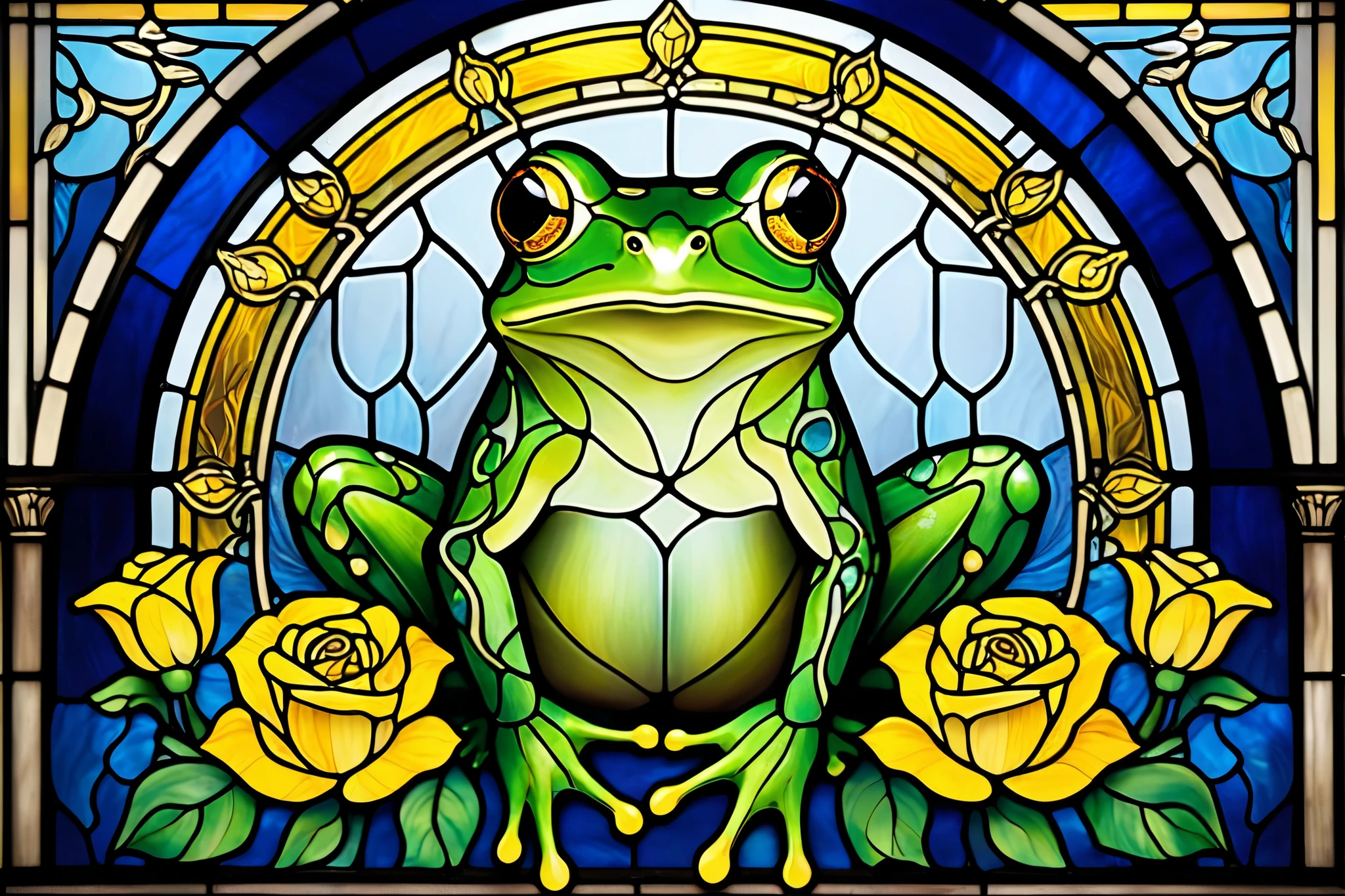 A vibrant stained-glass artwork featuring a majestic green frog sitting at the center. The frog has intricate patterns on its body, golden eyes, and a calm expression. Surrounding the frog is an arched window design with shades of blue and green, decorated with ornate floral patterns and blooming yellow roses. The stained glass has a glowing effect, with light shining through, creating a mystical and elegant atmosphere. The art style is reminiscent of classic stained-glass windows, with bold black outlines and rich color gradients.