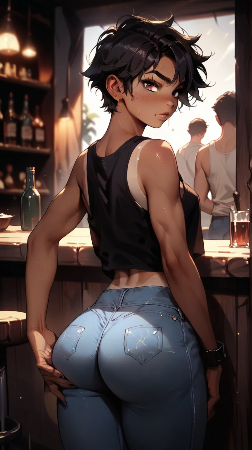 College boy, 21 years old man, handsome man, short black messy boy hair, orange eyes, black binder top, black mirco sports shorts, black shorts, muscular, huge ass, bent over, large thick ass, thick thighs looking back, looking at viewer, embarrassed, coffee shop, male character (1.0), flat chested, guy, man, male character, not a girl, masculine face