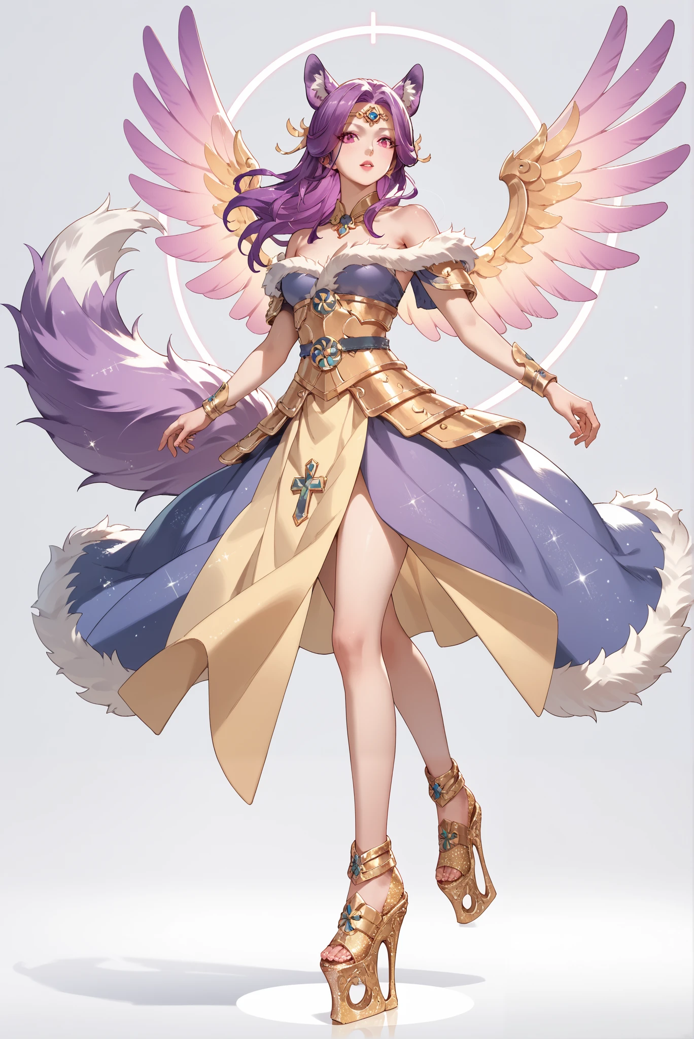 ( stands,whole body:1.7), Glitter , Shimmer ,Golden Armor, Holy Cross , Wings ,skirt, Shoulder Armor , ,HoleHeels,Hole platform/ oval/ Circle Heels,Heels ,Xiwangmu , queen dress, Pink eyes, purple hair, animal ear, jewelry,bare shoulder, fur trim, fox tail