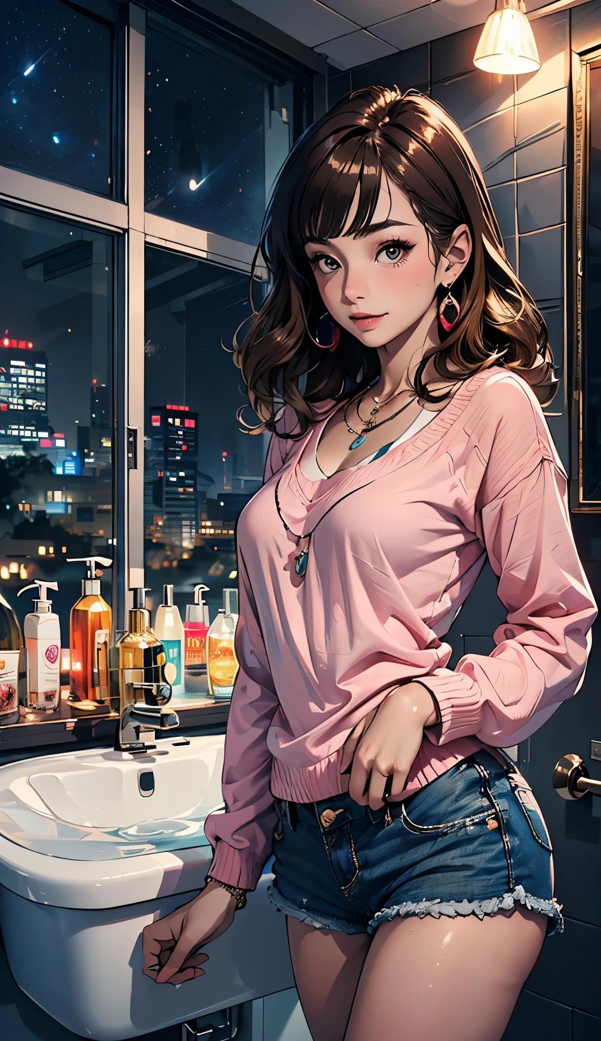 ((Night, Realistic Light, Best Quality, 8K, Masterpiece: 1.3)), 1girl, Slim Beauty: 1.4, (Brown hair, Medium breasts: 1.3), Long pink sweater: 1.1, Bathroom, Super fine face, Delicate eyes, Double eyelids, smile, necklace