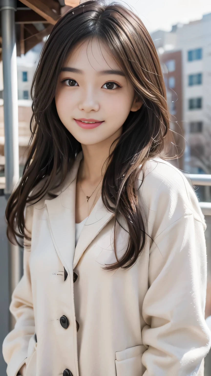 Realistic photos of Korean women, crossed bangs, smile slightly, t-shirt, At the airport, POV, Eye level shooting, hazy, UHD, masterpiece