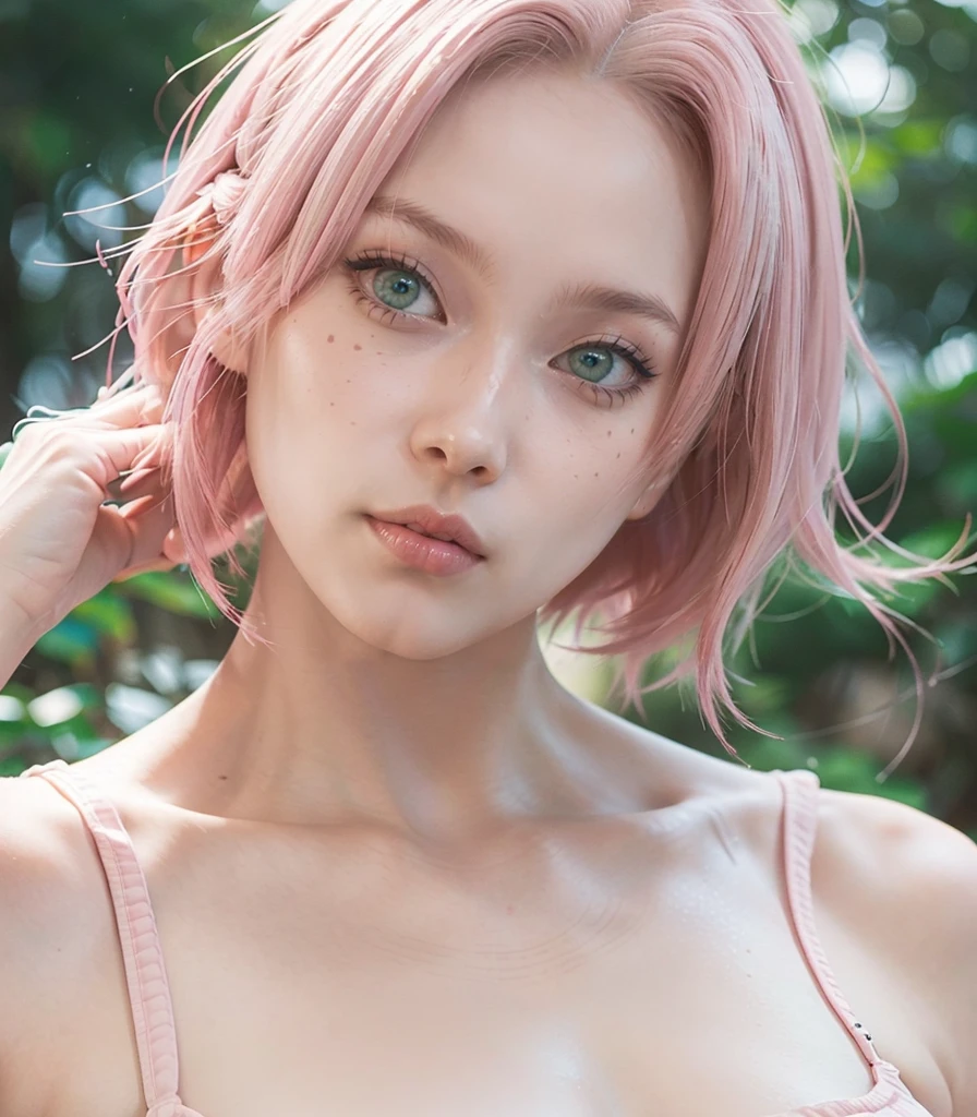 young woman, short shoulder-length pink hair, wide forehead, porcelain skin, pink eyebrows, big emerald green eyes, buttoned nose, full lips, heart-shaped face, slender body, small breasts, red tank top, Sakura Haruno , realistic, realism, details, 3d, well detailed
