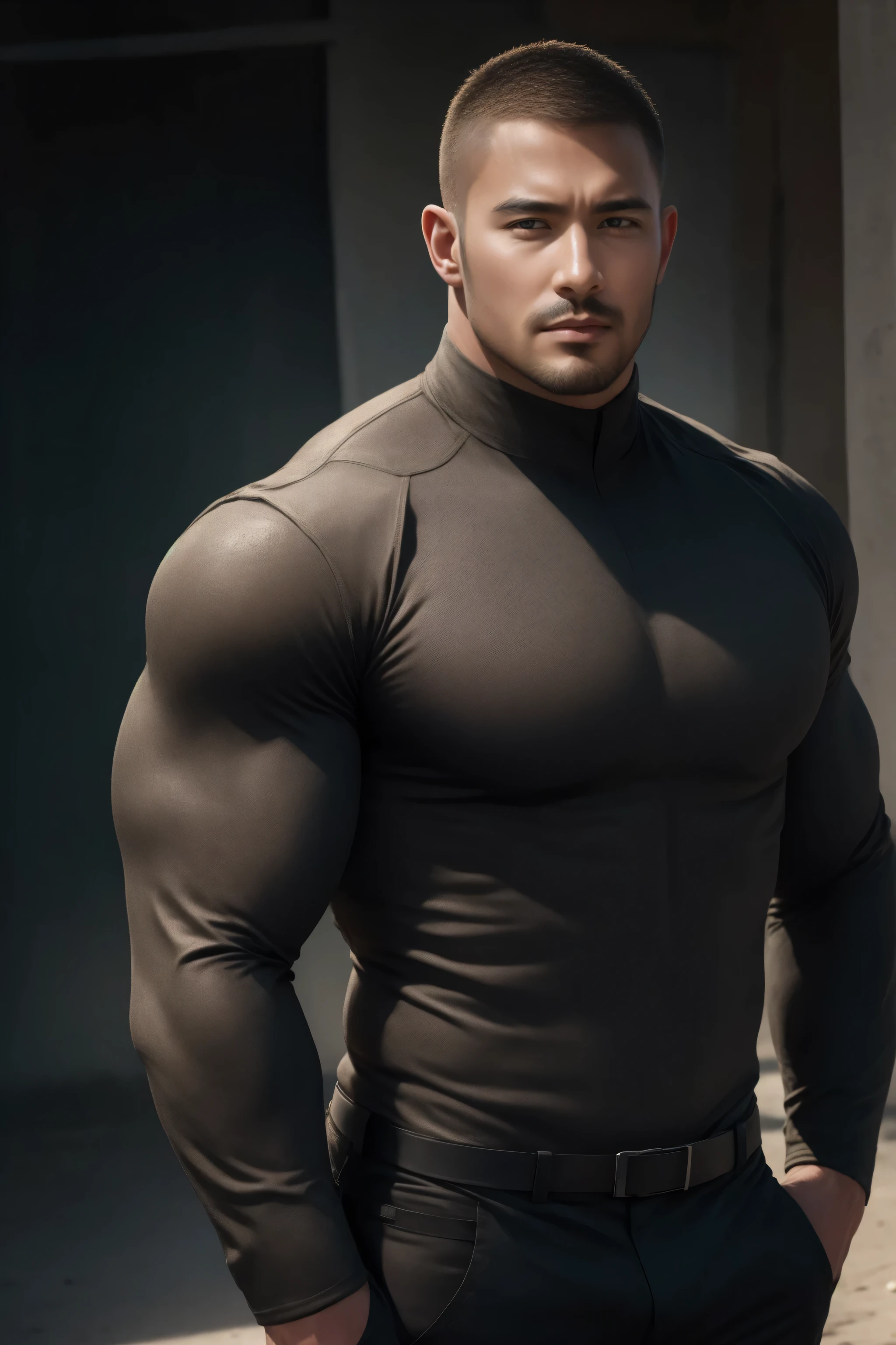 两个 Muscular男人深情拥抱着, VERY STRONG ,buzz cut,Flat head,Ruins in an abandoned city in the open air, 他背靠着脏污的墙壁,Wear a high-neck, long-sleeved, tight-fitting t-shirt in charcoal-black modal fabric, Tightened cuffs,He has a sad expression, Lift your chin, messy hair , thick thighs , High Aims Neck Long Sleeve Gray Brown Superhero Bodysuit, Very tight, Regular symmetrical pattern, High Aimslight muscles, 警服裤, character concept (buzz cut Chris Redfield) proud expression, Deep charming eyes, Heroic male pose, tall Burly, Muscular! Muscular thighs, Tough Guy, Perfect facial features, High Aims, Burly, Heqiang, Super exquisite and cool, High Aims Resolution Committee, Extraordinary Charm , The sun is strong, is dazzling